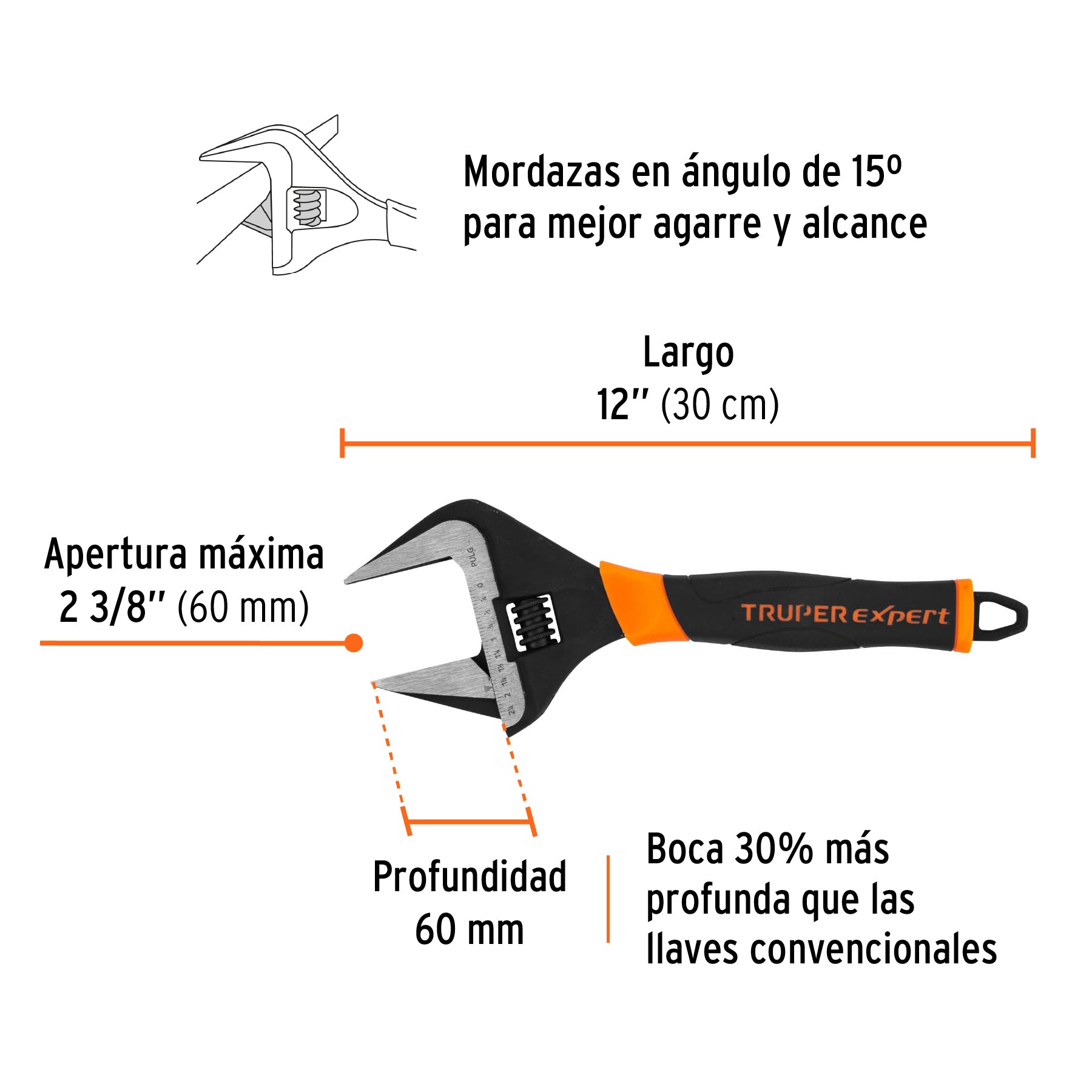 Llave ajustable (perico) 12" boca ancha Comfort Grip, EXPERT
