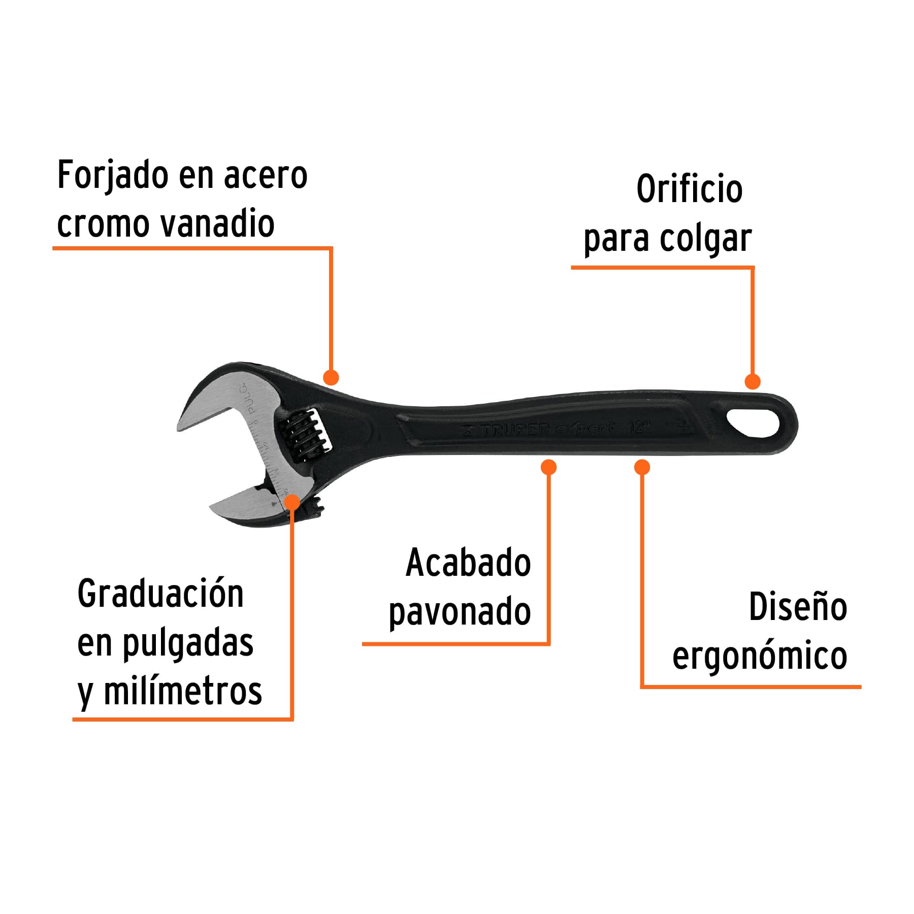 Llave ajustable (perico) 12" profesional pavonada, EXPERT