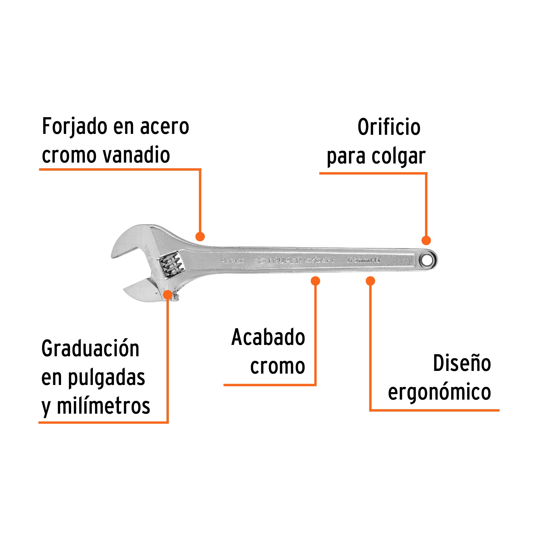Llave ajustable (perico) 15" profesional cromada, EXPERT