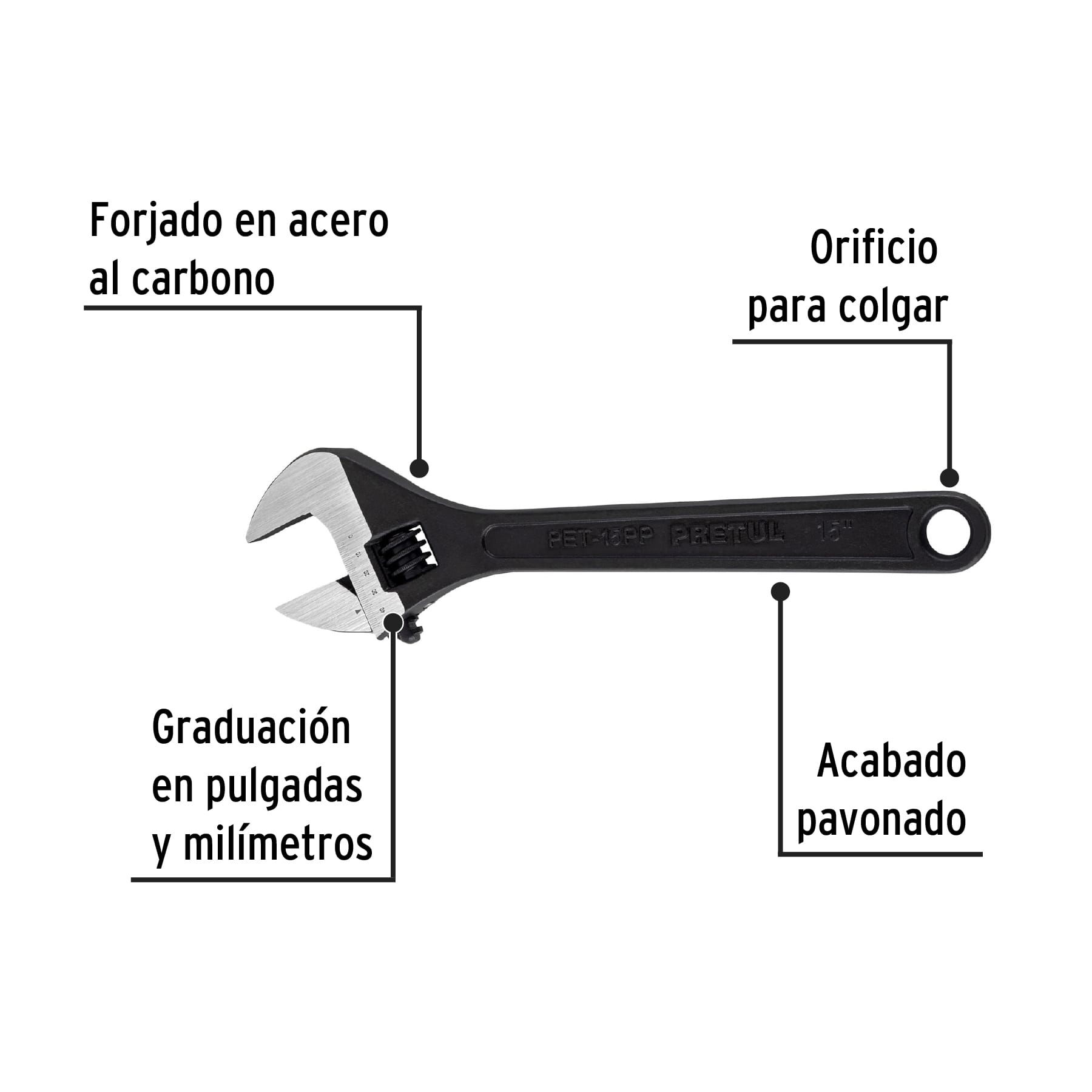 Llave ajustable (perico) 15" pavonada, PRETUL