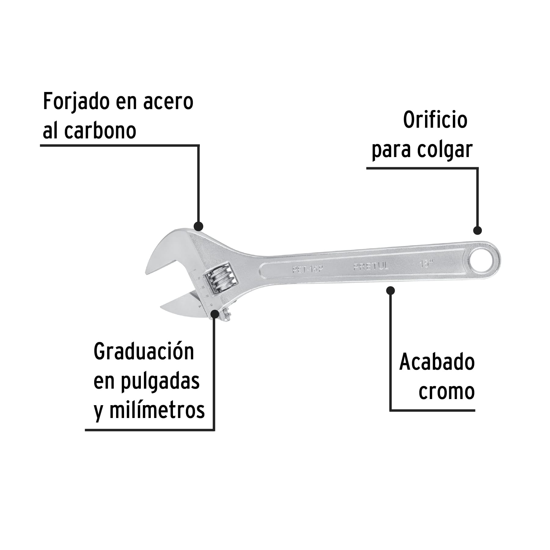Llave ajustable (perico) 15" cromada, PRETUL