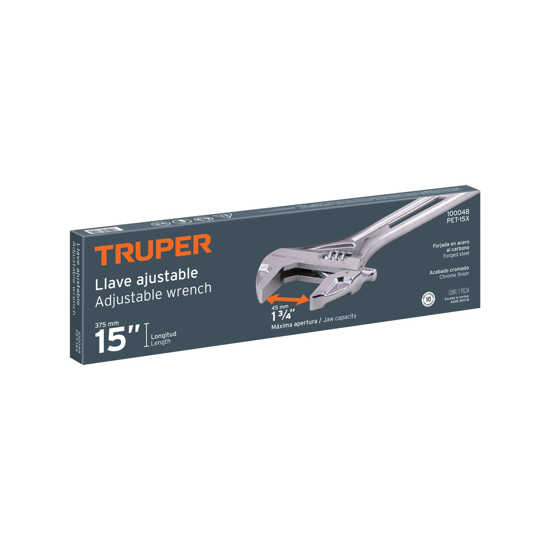 Llave ajustable (perico) 15" cromada, TRUPER