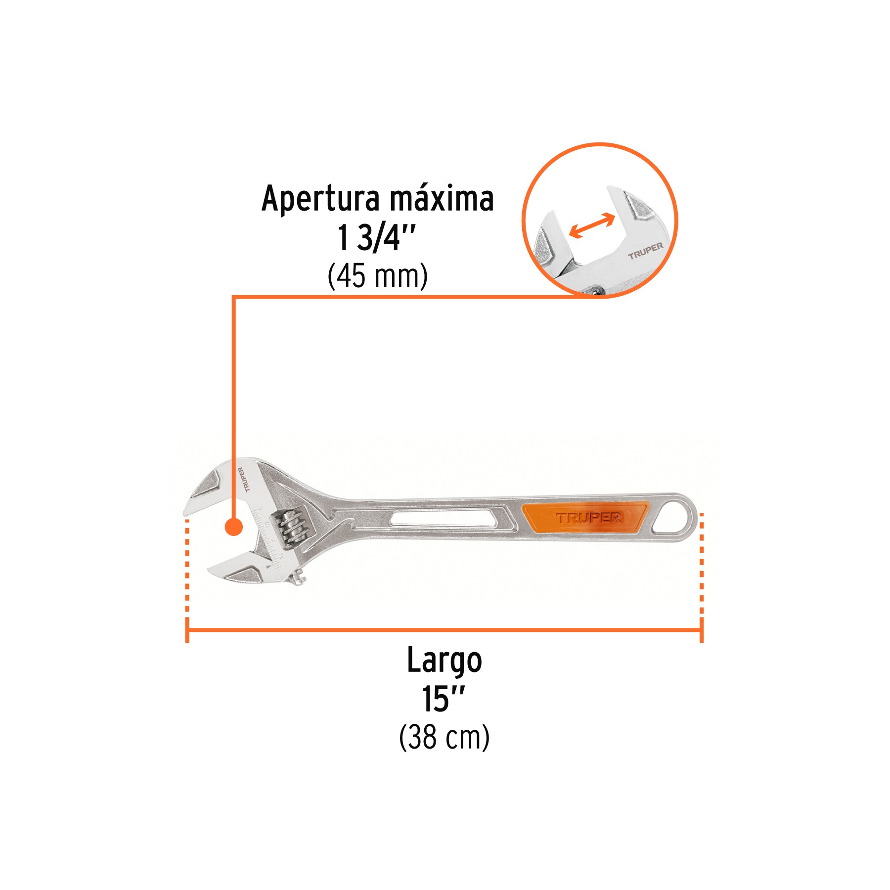 Llave ajustable (perico) 15" cromada, TRUPER
