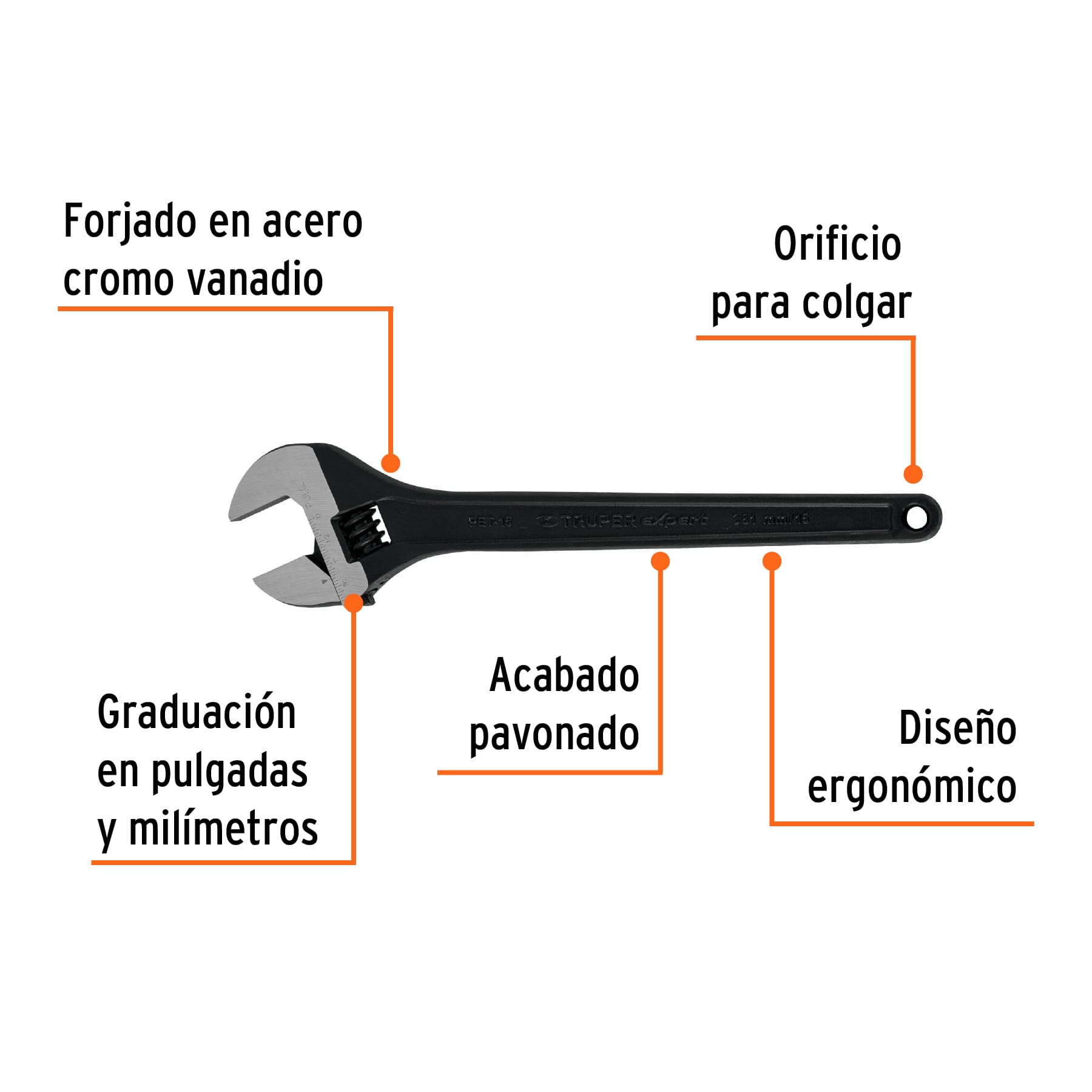 Llave ajustable (perico) 15" profesional pavonada, EXPERT