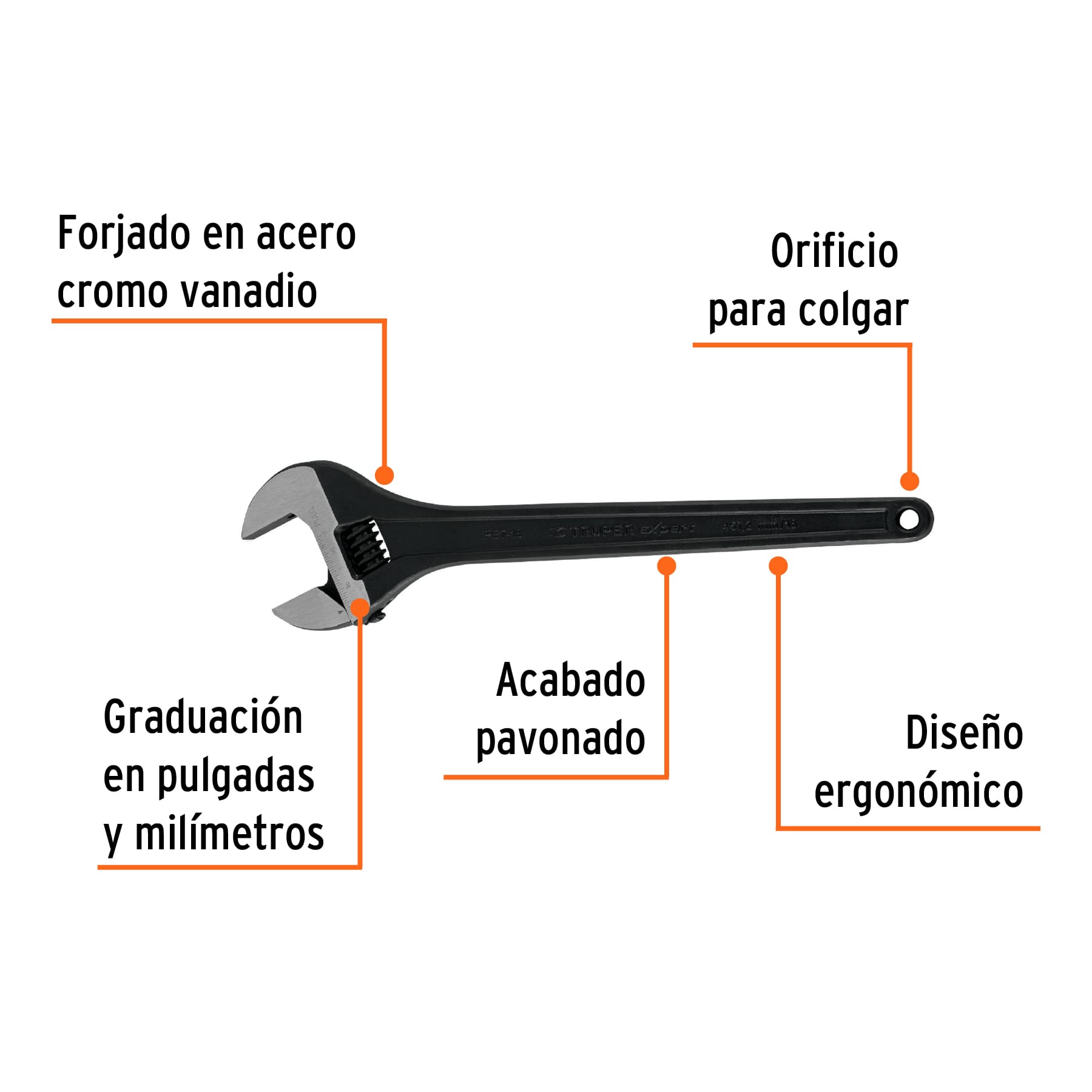 Llave ajustable (perico) 18" profesional pavonada, EXPERT