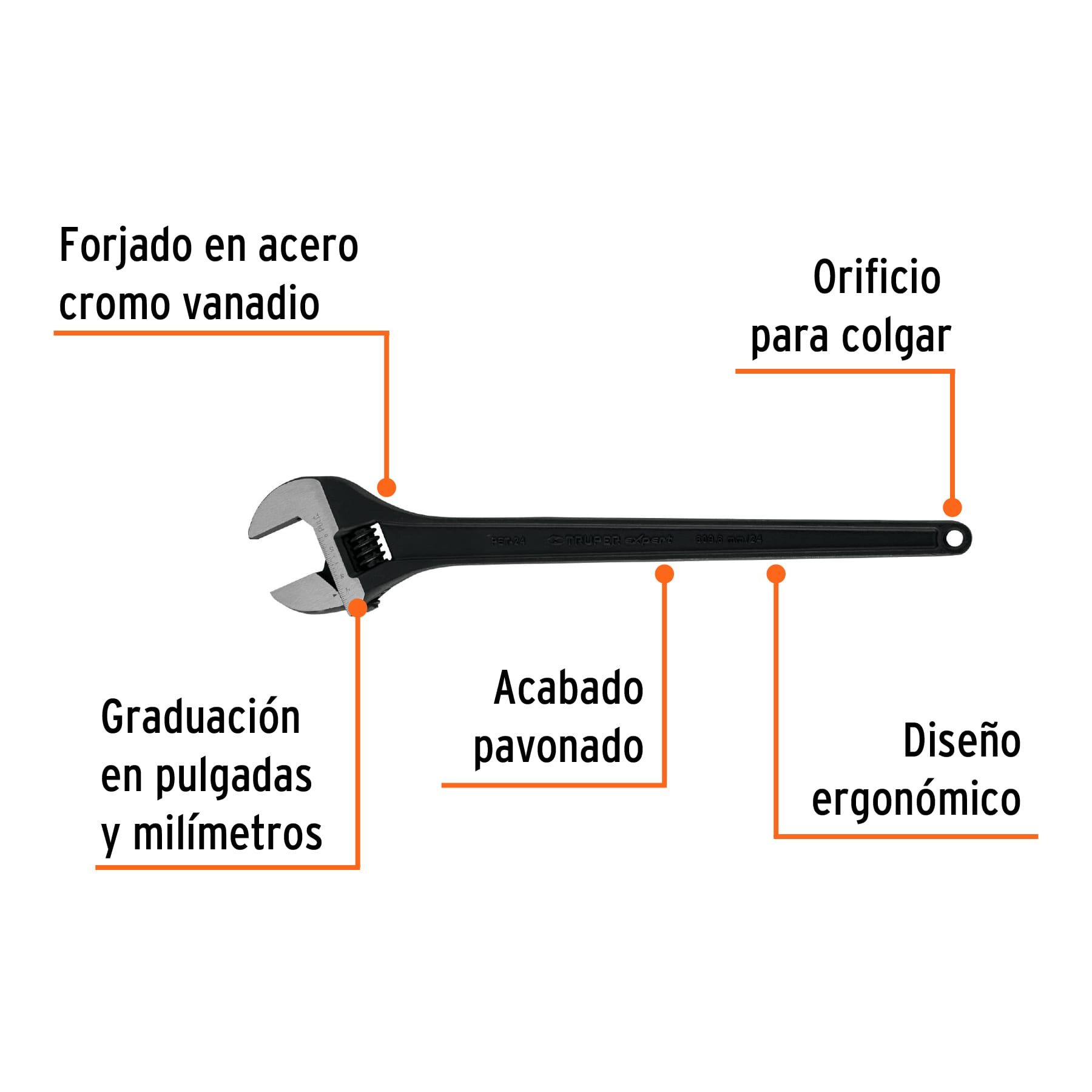 Llave ajustable (perico) 24" profesional pavonada, EXPERT