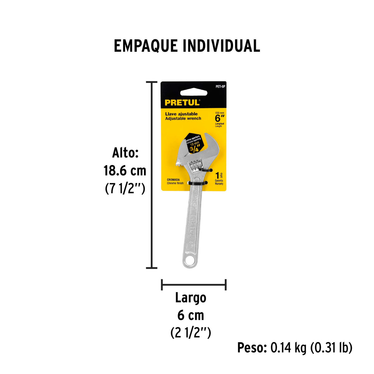 Llave ajustable (perico) 6" cromada, PRETUL - Empaque
