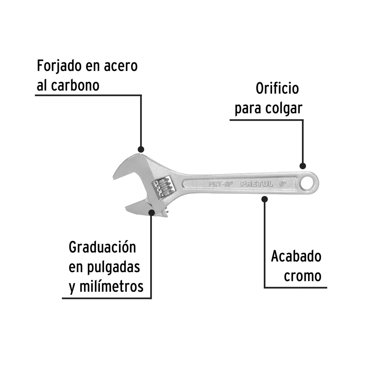 Llave ajustable (perico) 6" cromada, PRETUL