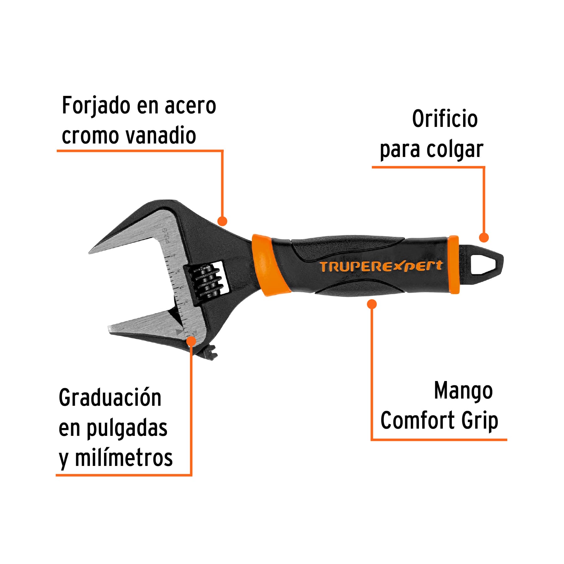 Llave ajustable (perico) 6" boca ancha Comfort Grip, EXPERT