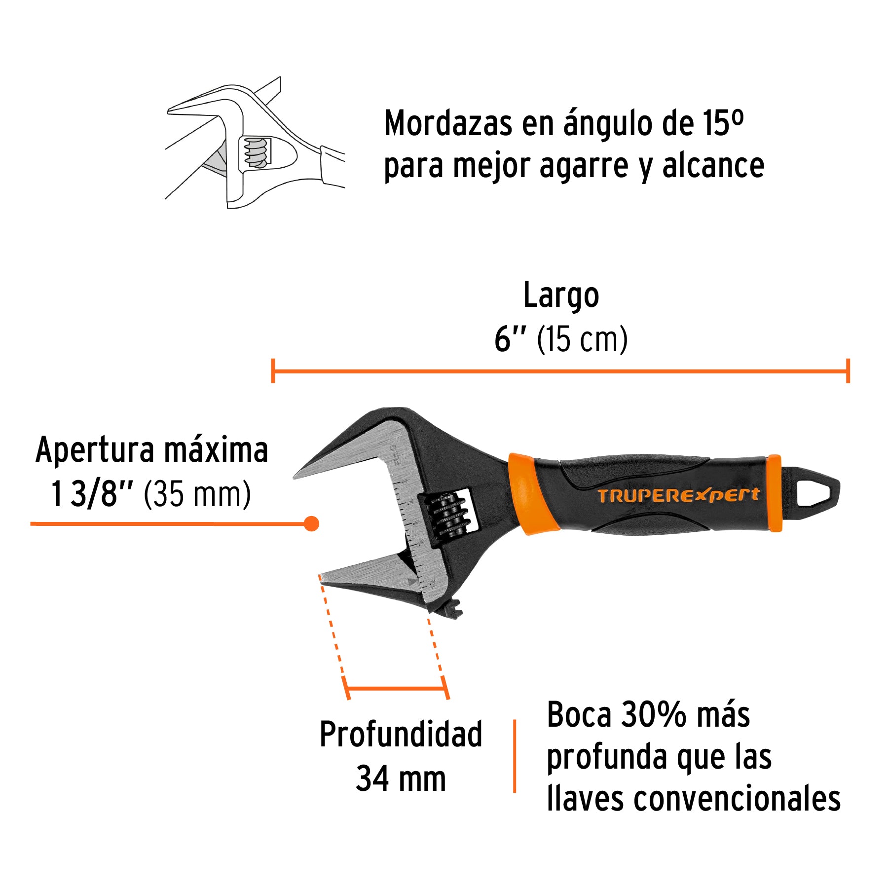 Llave ajustable (perico) 6" boca ancha Comfort Grip, EXPERT