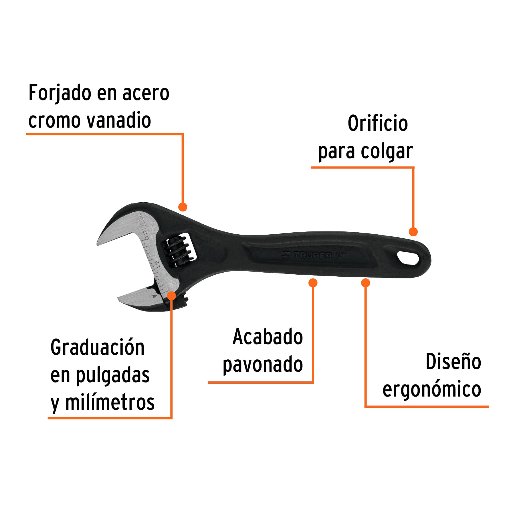 Llave ajustable (perico) 6" profesional pavonada, EXPERT