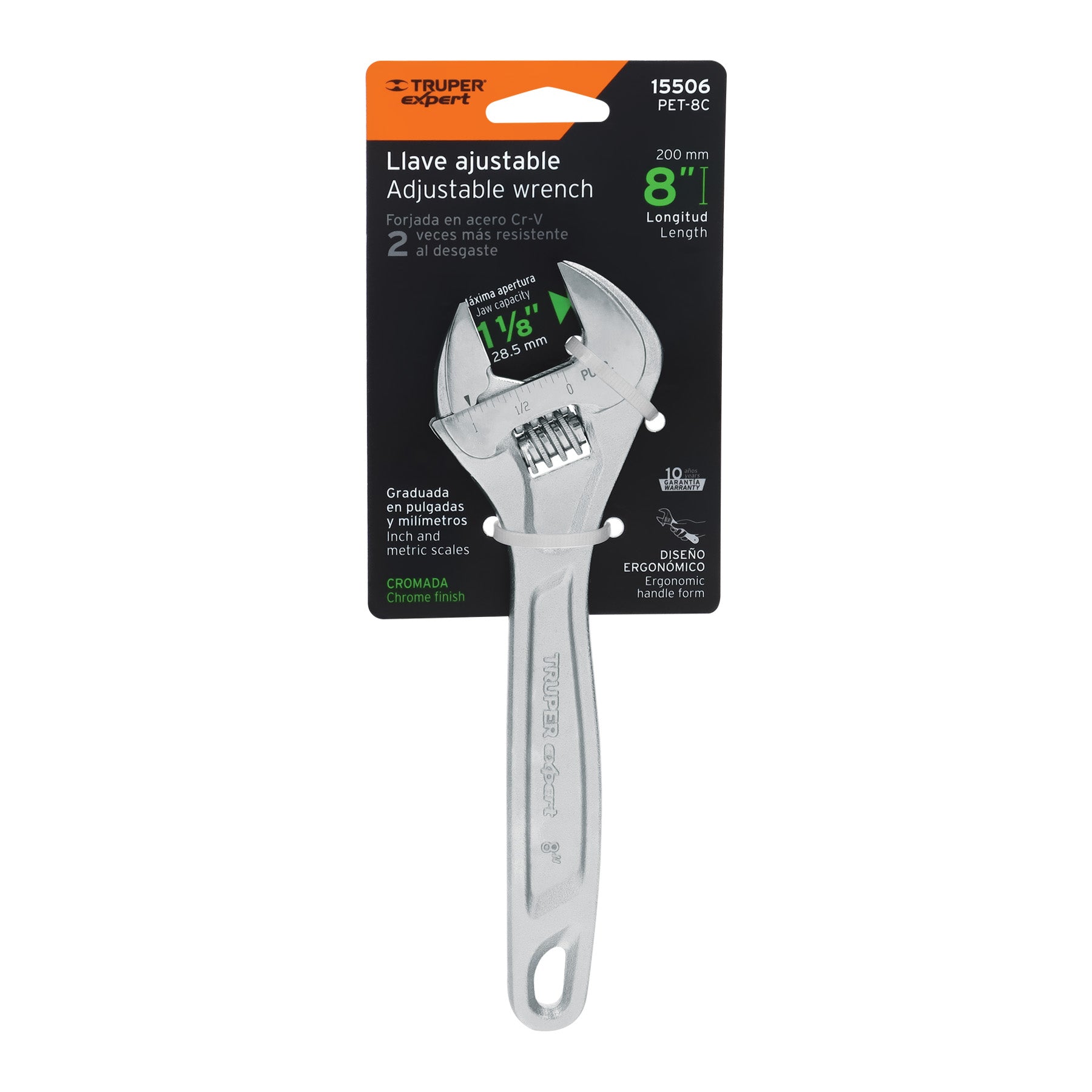 Llave ajustable (perico) 8" profesional cromada, EXPERT