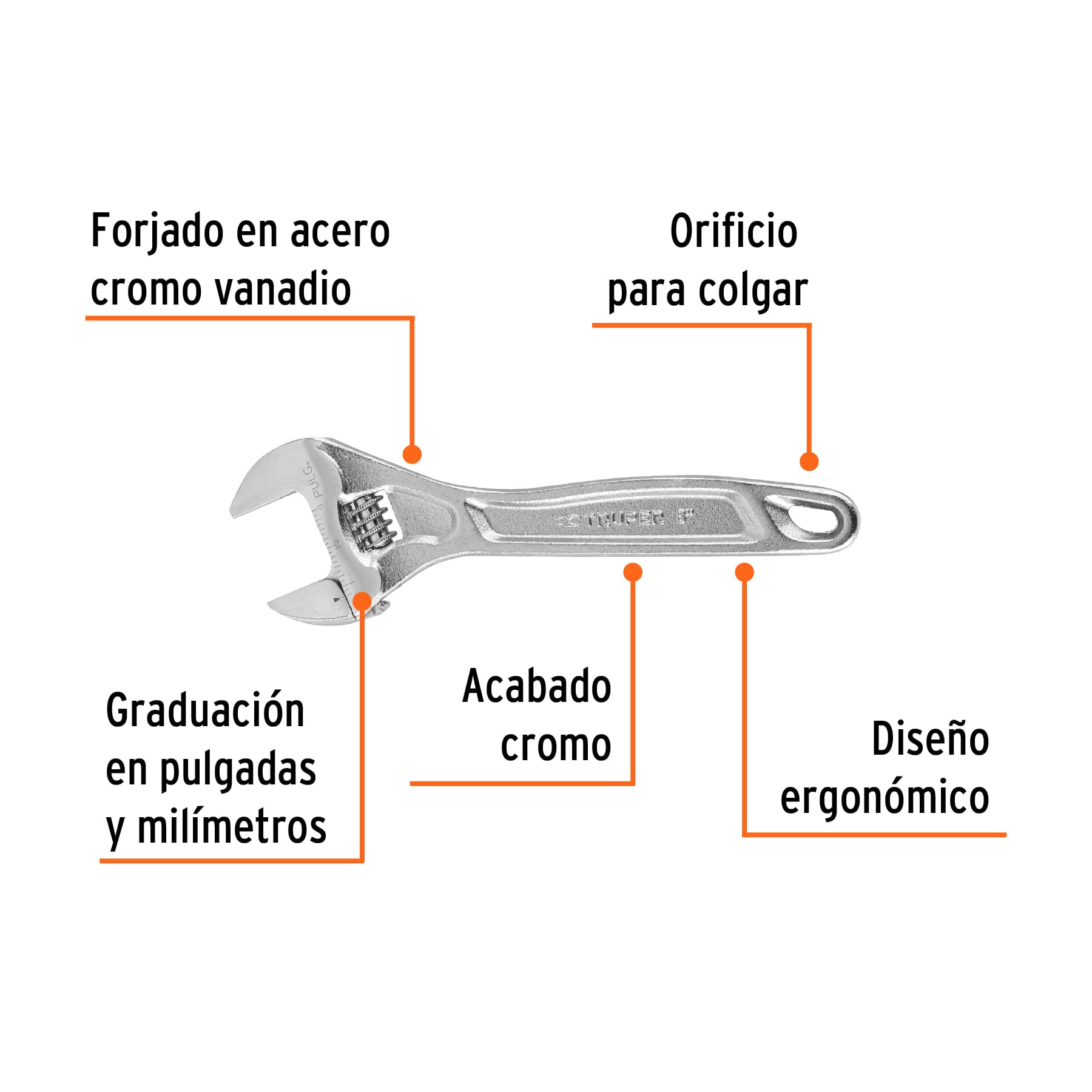 Llave ajustable (perico) 8" profesional cromada, EXPERT