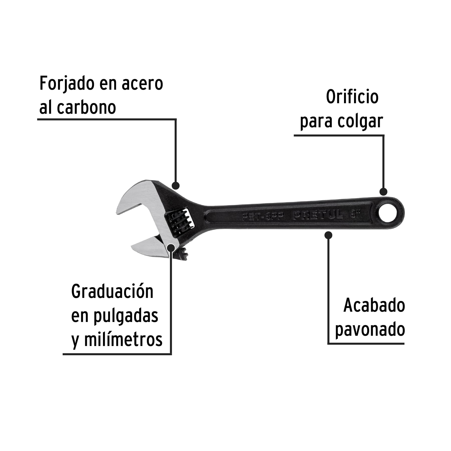 Llave ajustable (perico) 8" pavonada, PRETUL