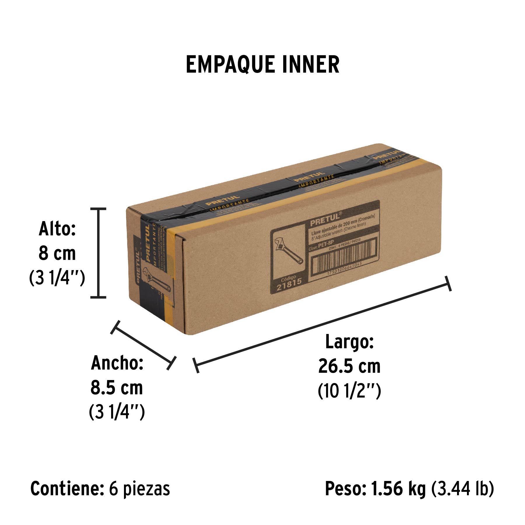 Llave ajustable (perico) 8" cromada, PRETUL - Empaque