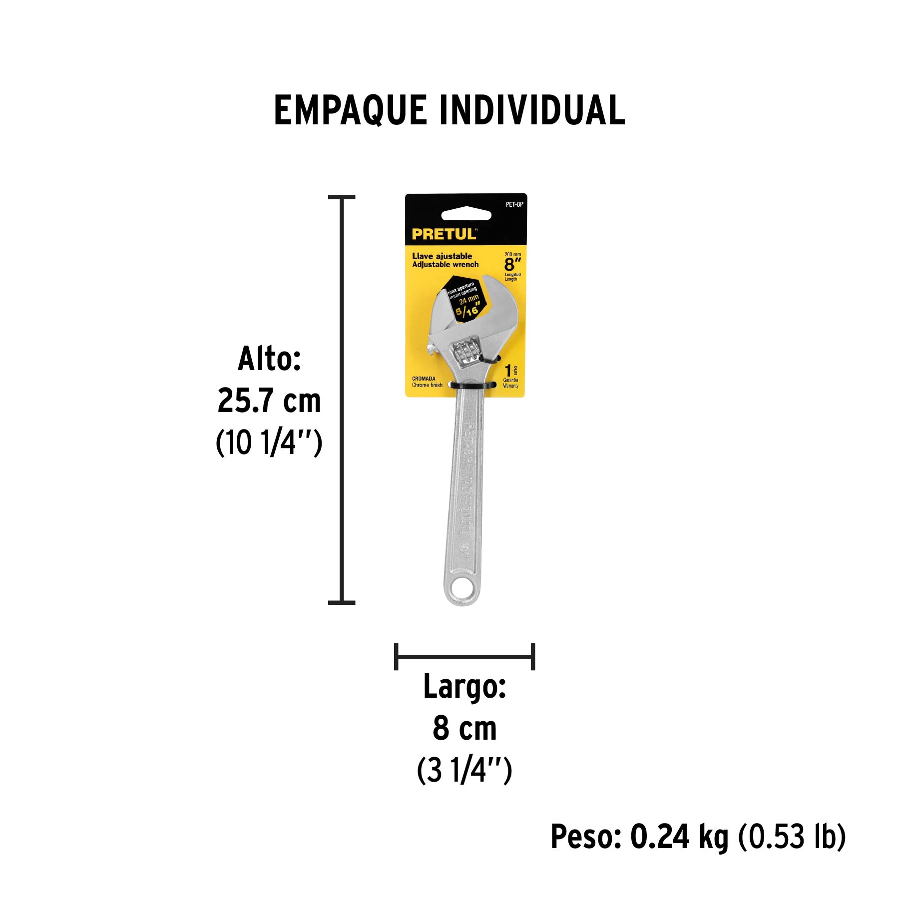 Llave ajustable (perico) 8" cromada, PRETUL - Empaque