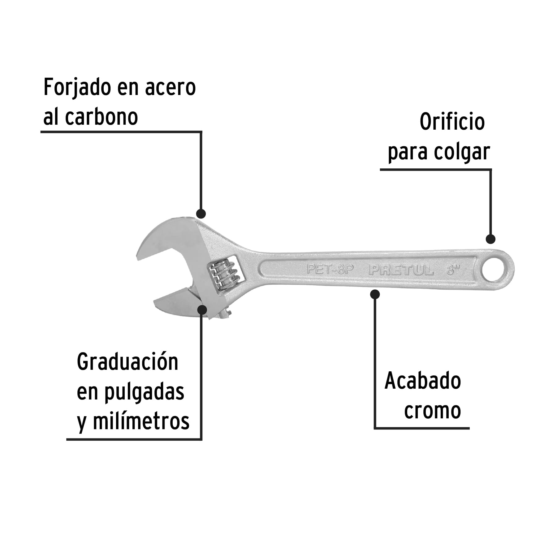 Llave ajustable (perico) 8" cromada, PRETUL