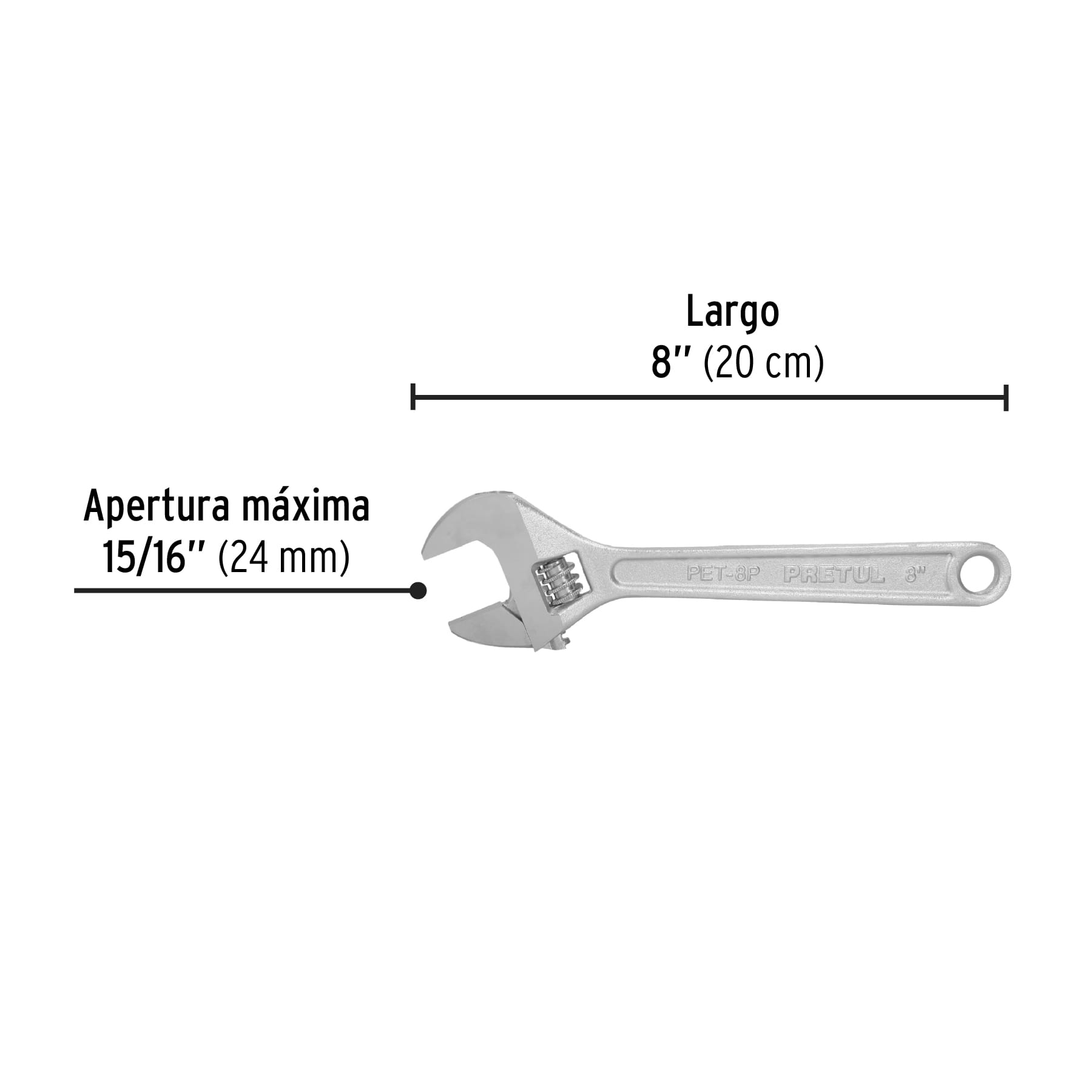 Llave ajustable (perico) 8" cromada, PRETUL