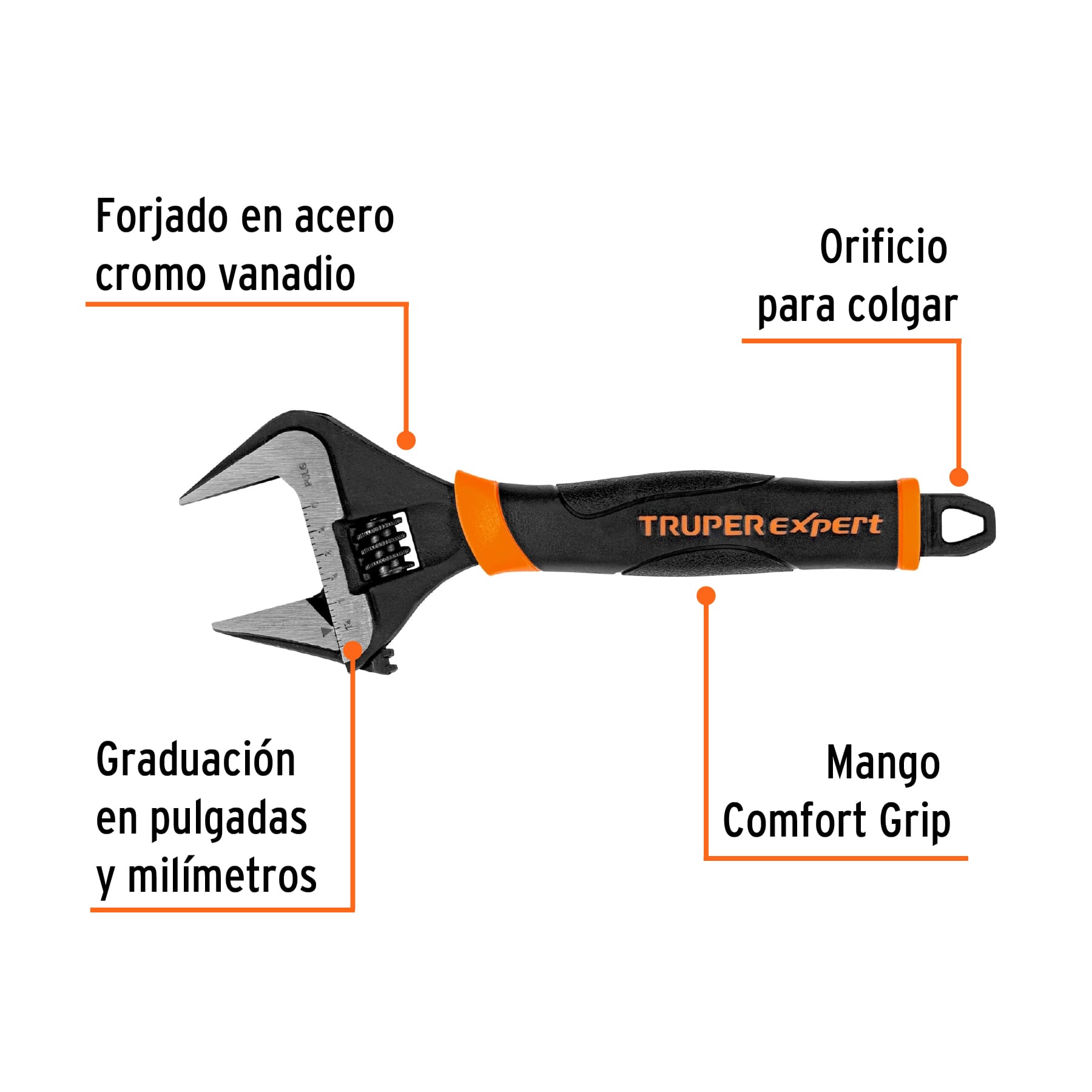 Llave ajustable (perico) 8" boca ancha Comfort Grip, EXPERT