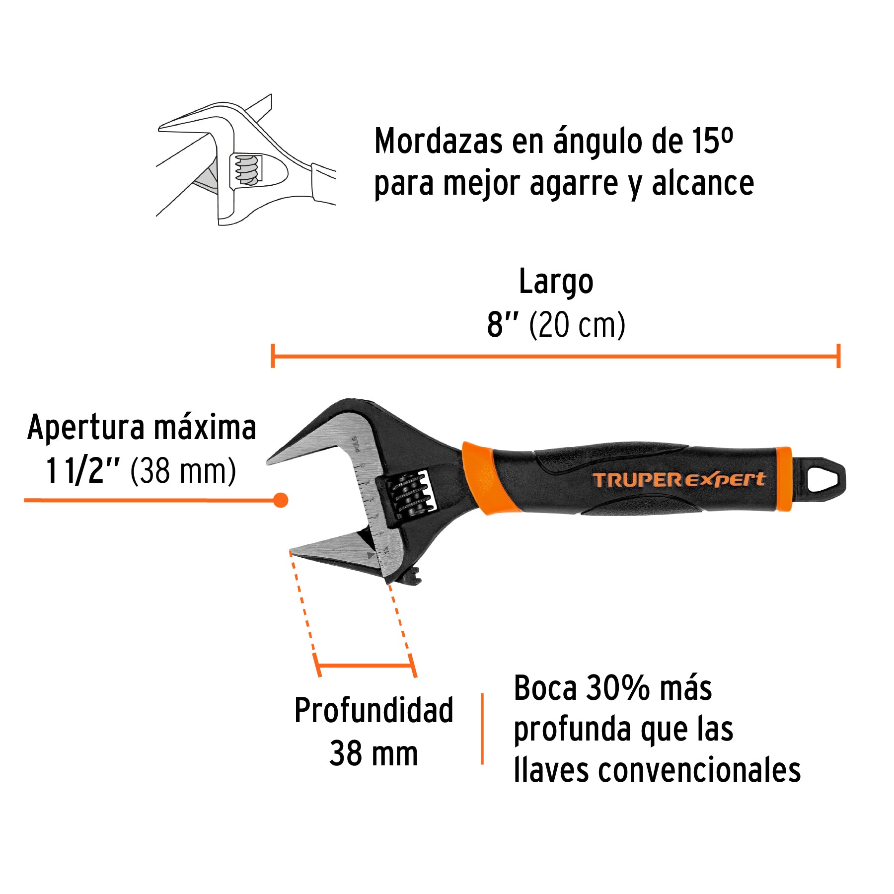 Llave ajustable (perico) 8" boca ancha Comfort Grip, EXPERT