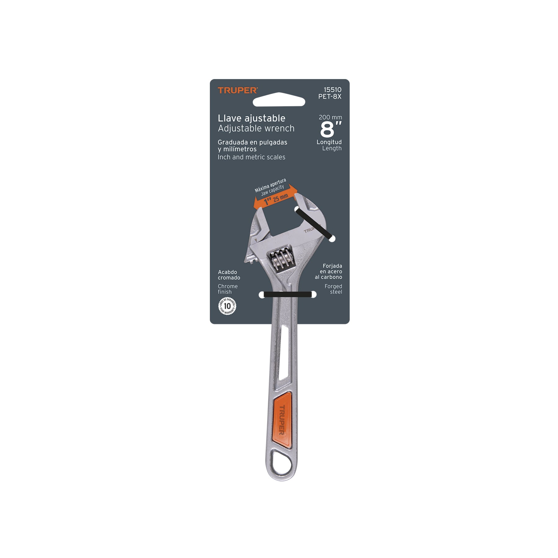 Llave ajustable (perico) 8" cromada, TRUPER