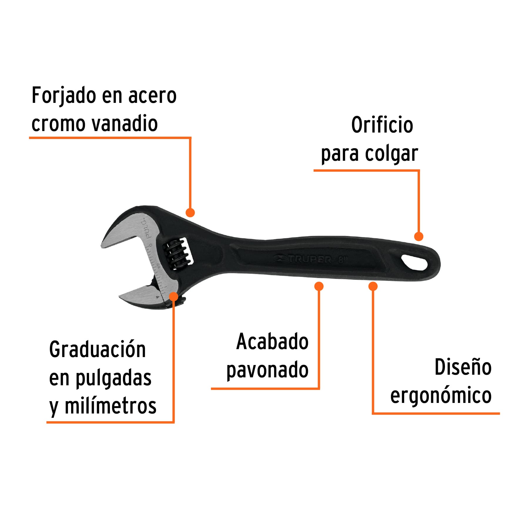 Llave ajustable (perico) 8" profesional pavonada, EXPERT