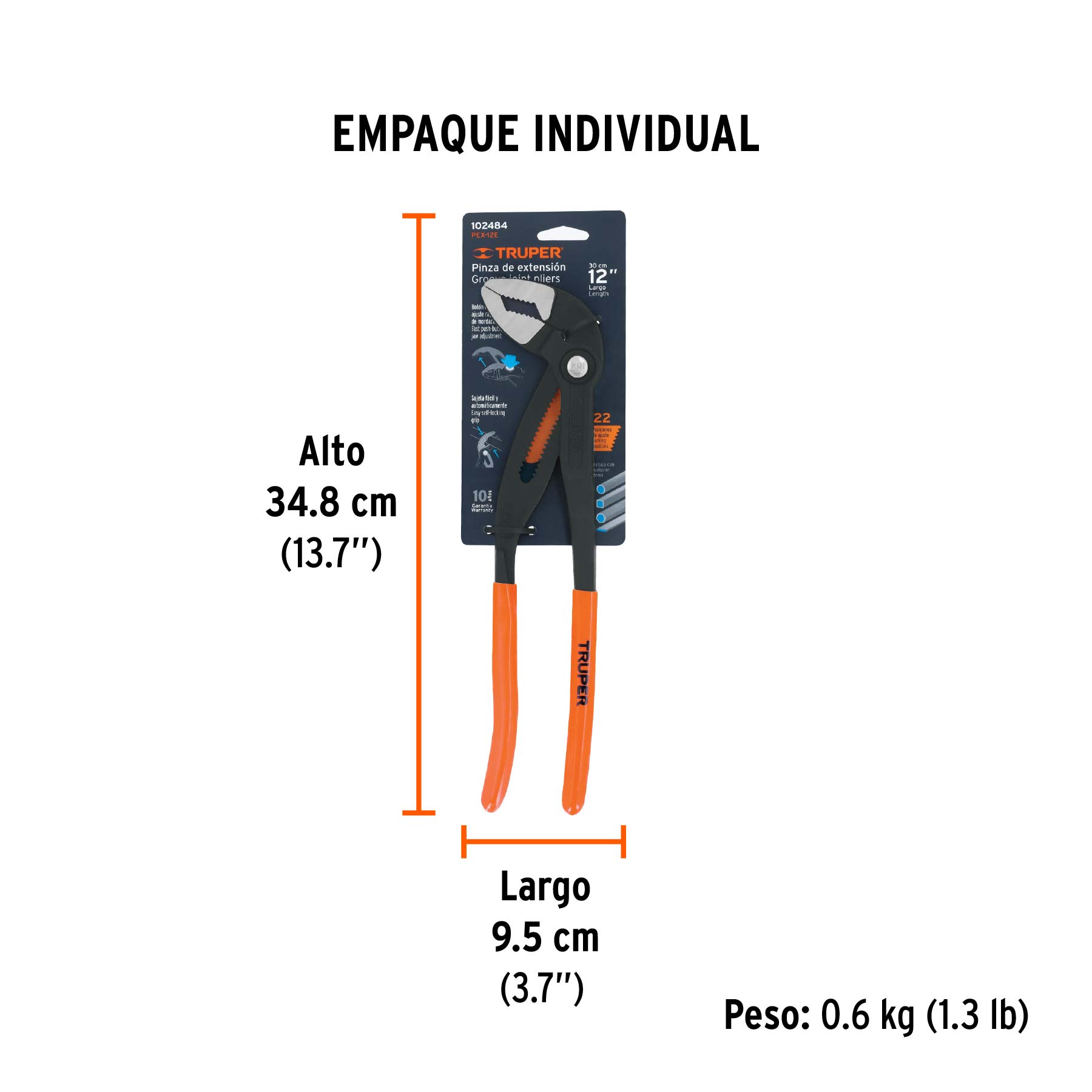 Pinza de extensión 12", mango de PVC, TRUPER - Empaque