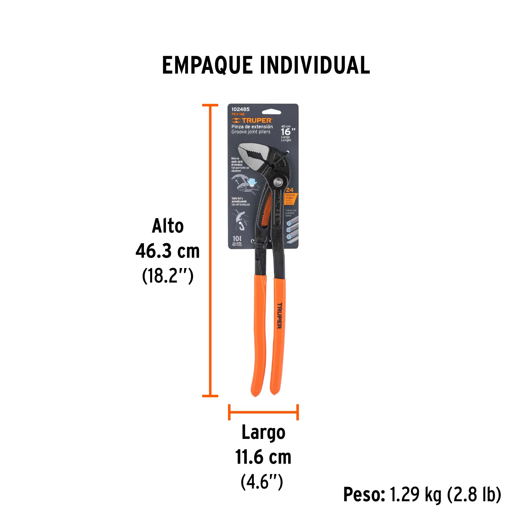 Pinza de extensión 16", mango de PVC, TRUPER - Empaque