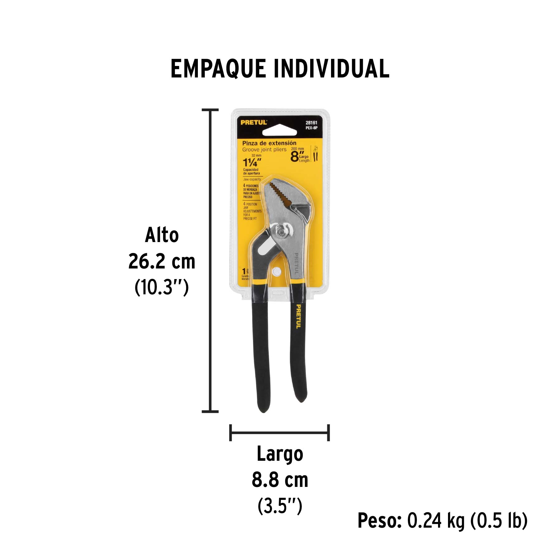 Pinza de extensión 8" mango de PVC, PRETUL - Empaque