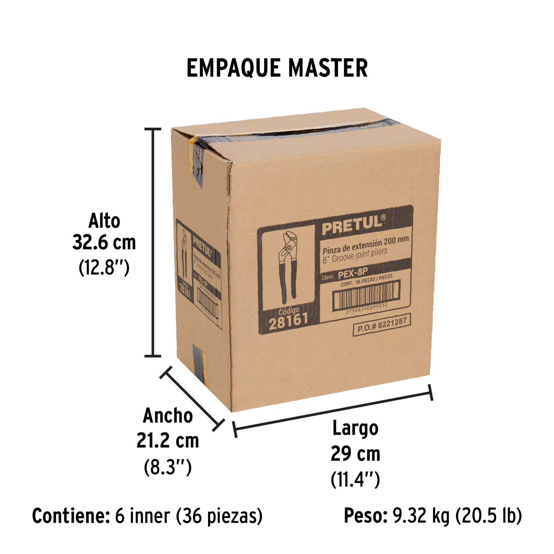Pinza de extensión 8" mango de PVC, PRETUL - Empaque