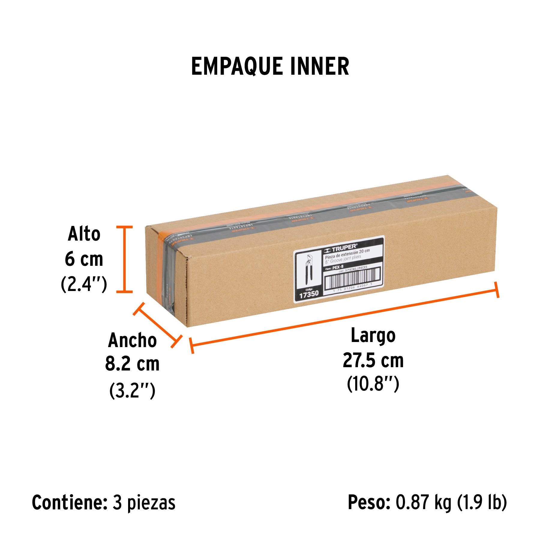 Pinza de extensión 8" mango de PVC, TRUPER - Empaque