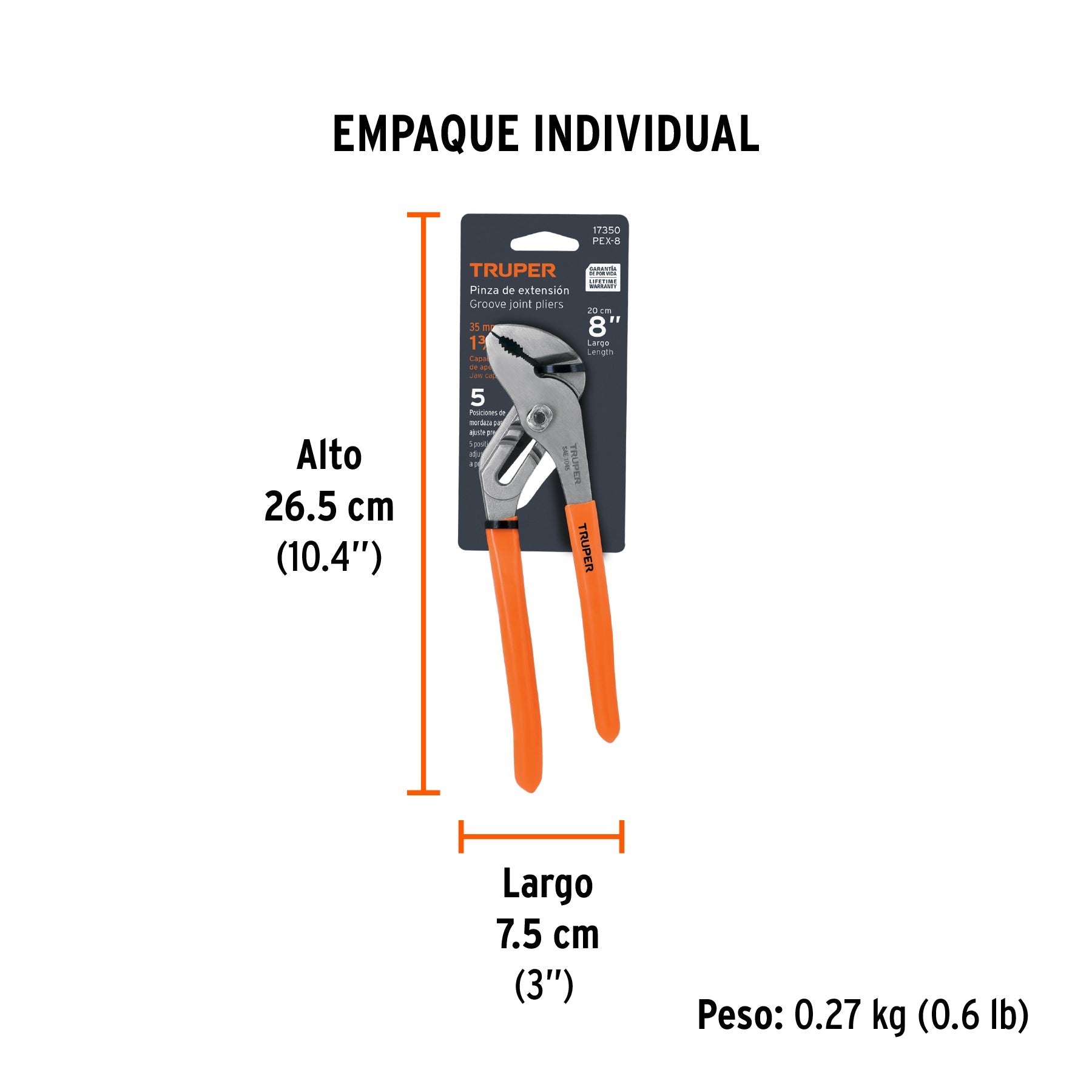 Pinza de extensión 8" mango de PVC, TRUPER - Empaque