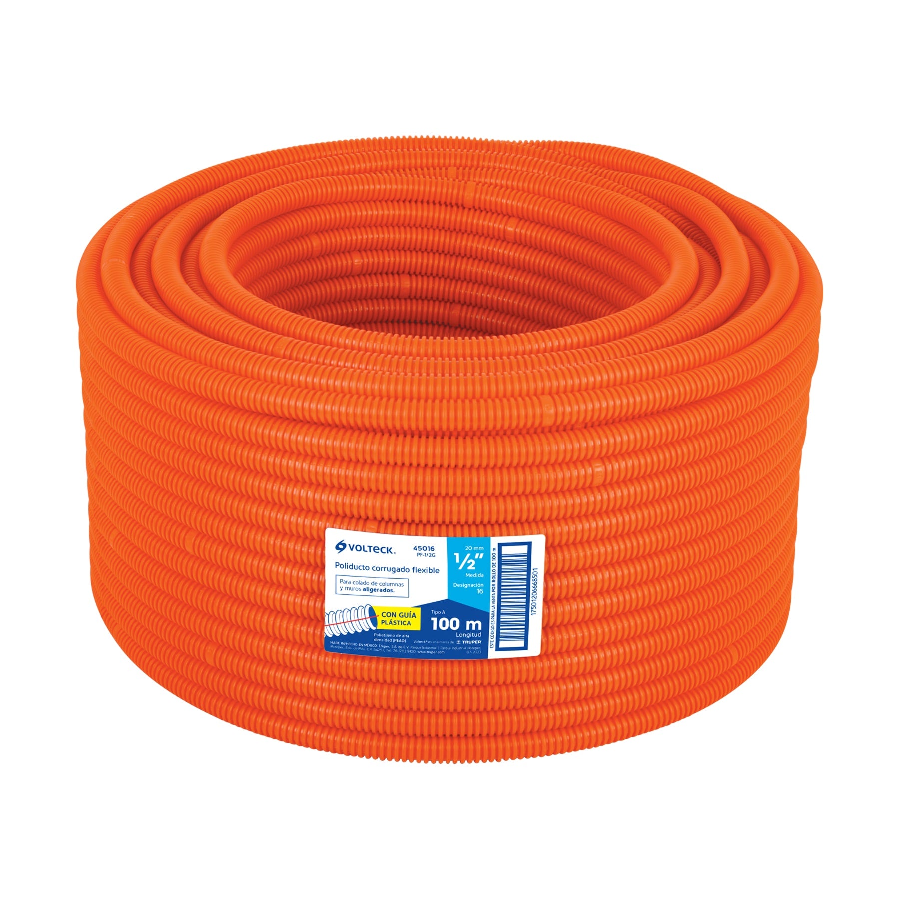 Metro de poliducto 1/2" corrugado flex. c/guía, rollo 100 m