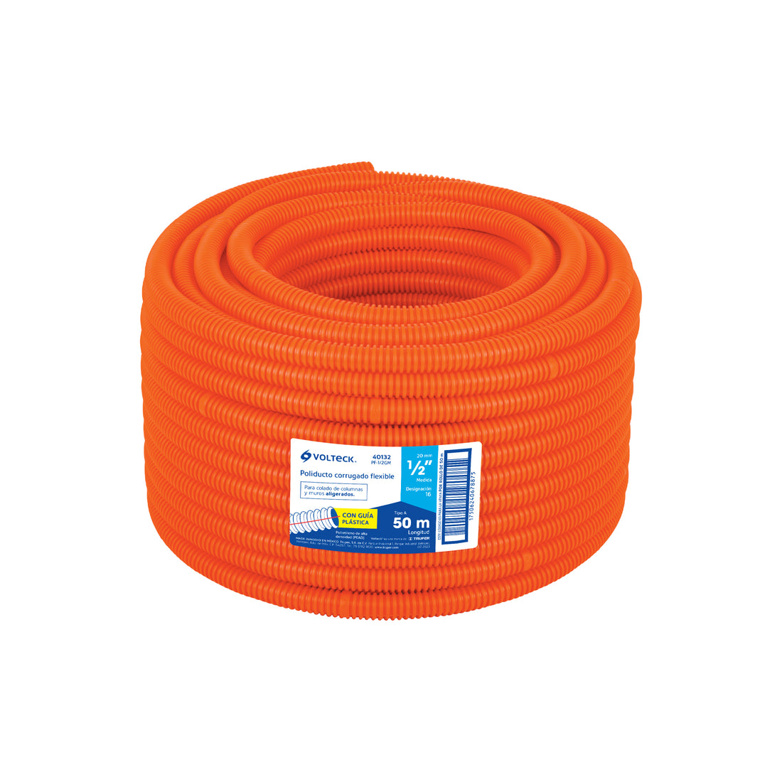 Metro de poliducto 1/2" corrugado flex. c/guía, rollo 50 m