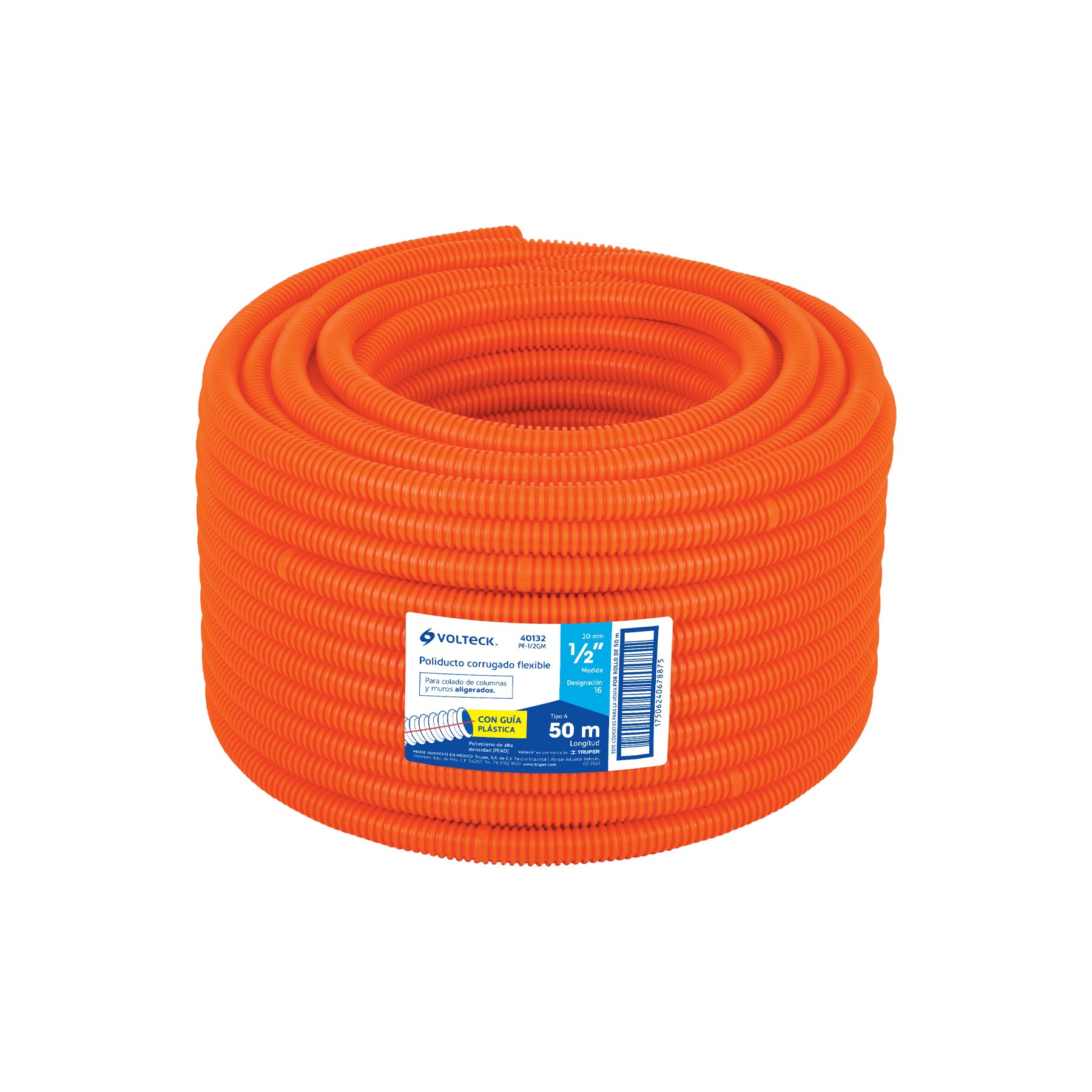 Metro de poliducto 1/2" corrugado flex. c/guía, rollo 50 m