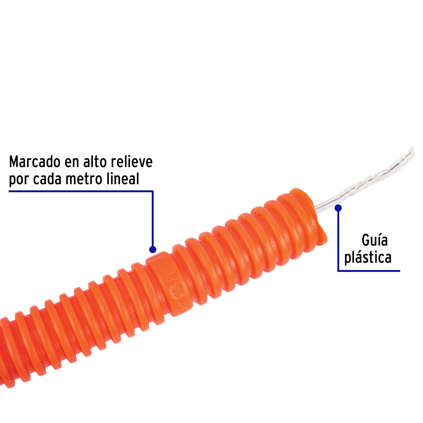 Metro de poliducto 1/2" corrugado flex. c/guía, rollo 50 m