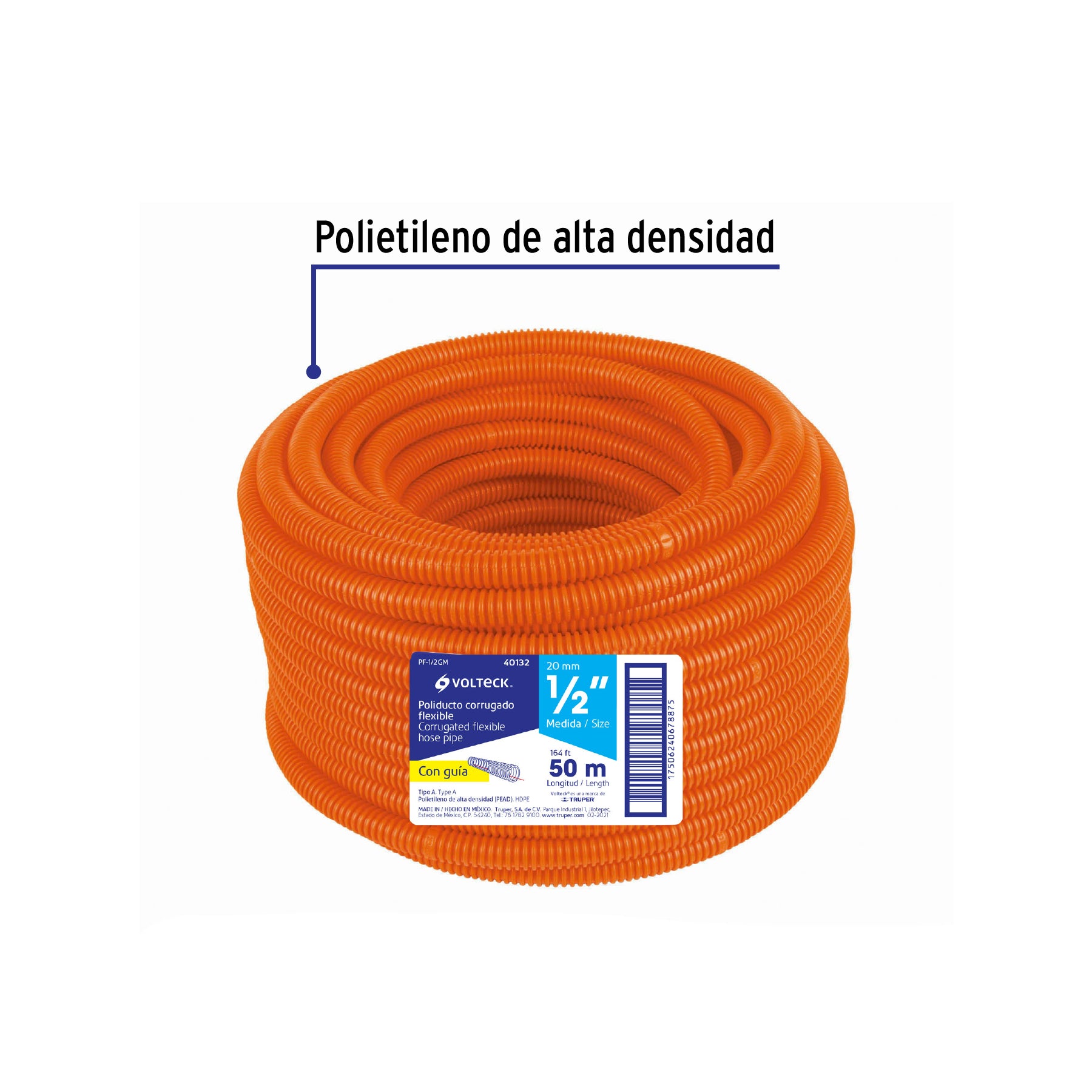 Metro de poliducto 1/2" corrugado flex. c/guía, rollo 50 m