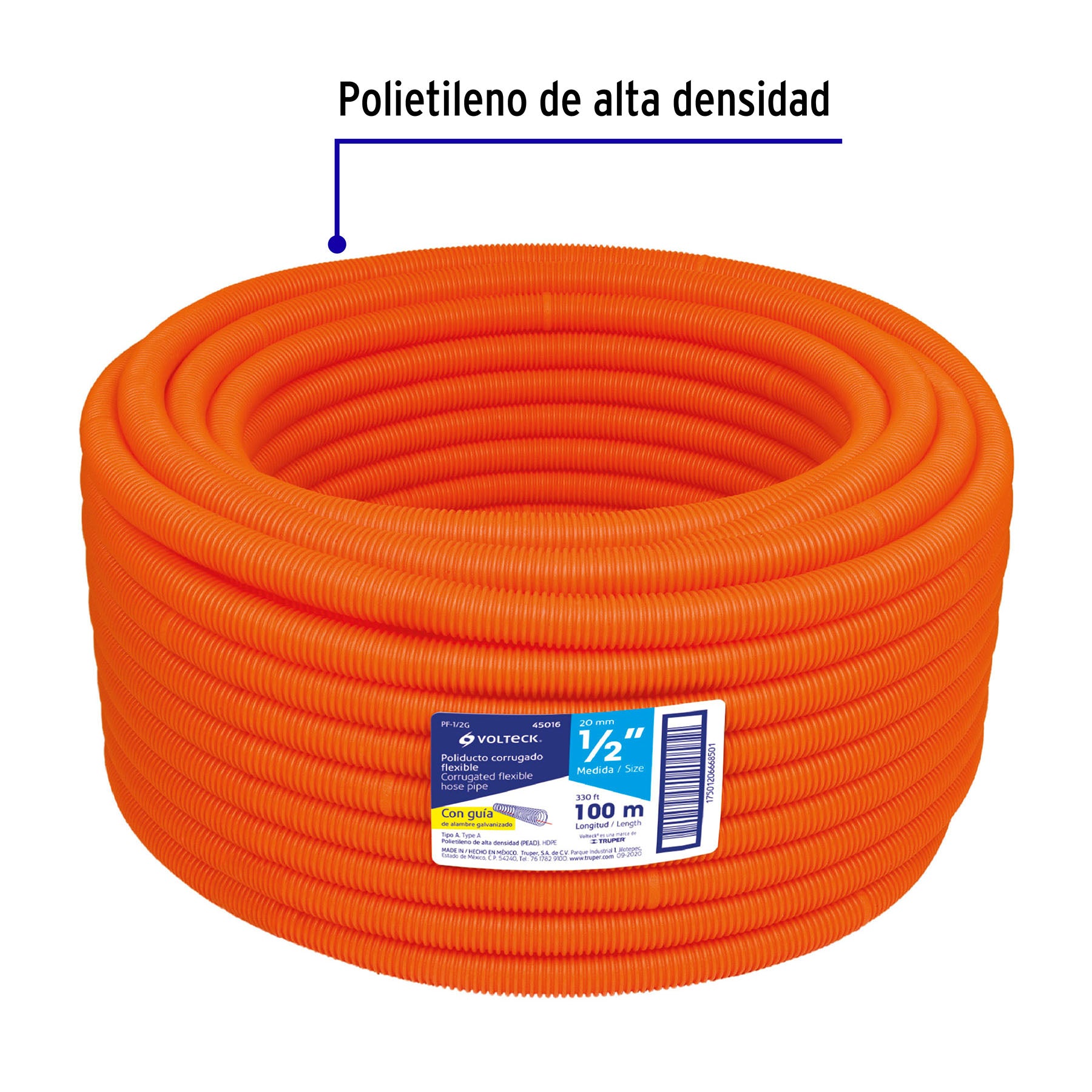 Metro de poliducto 1/2" corrugado flex. c/guía, rollo 100 m