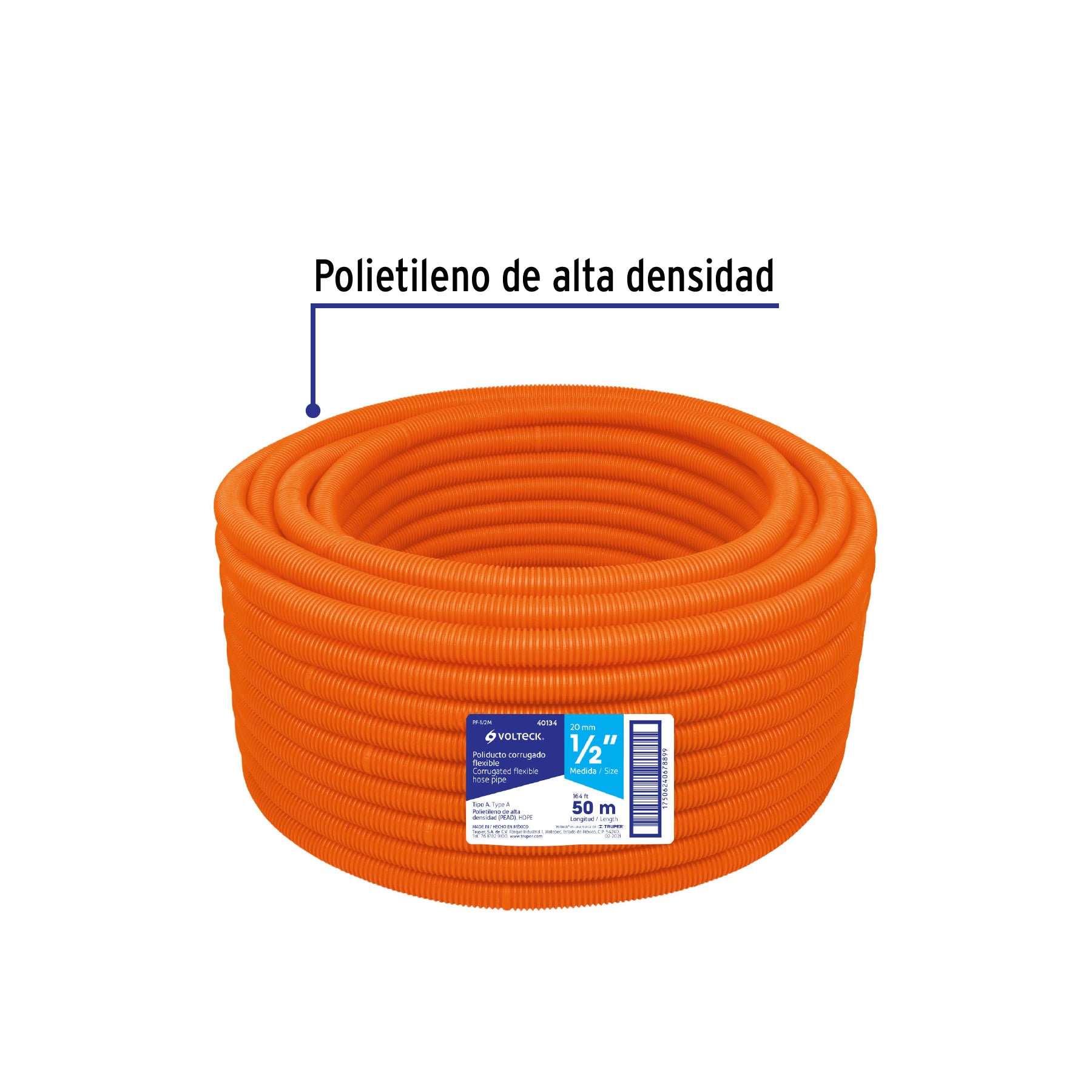 Metro de poliducto 1/2" corrugado flex. s/guía, rollo 50 m