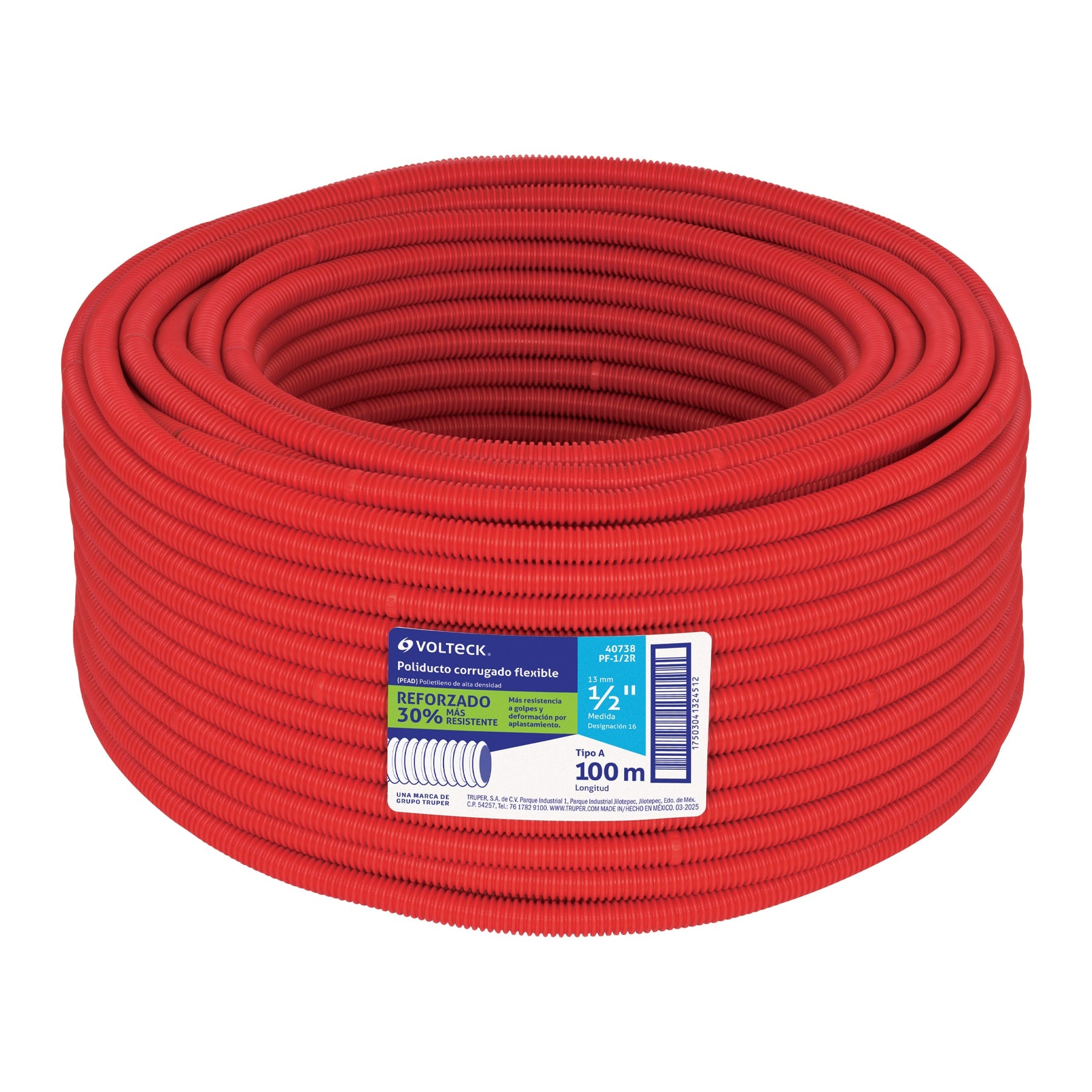 Metro de poliducto 1/2" corrugado flex. reforz. s/guía, 100m