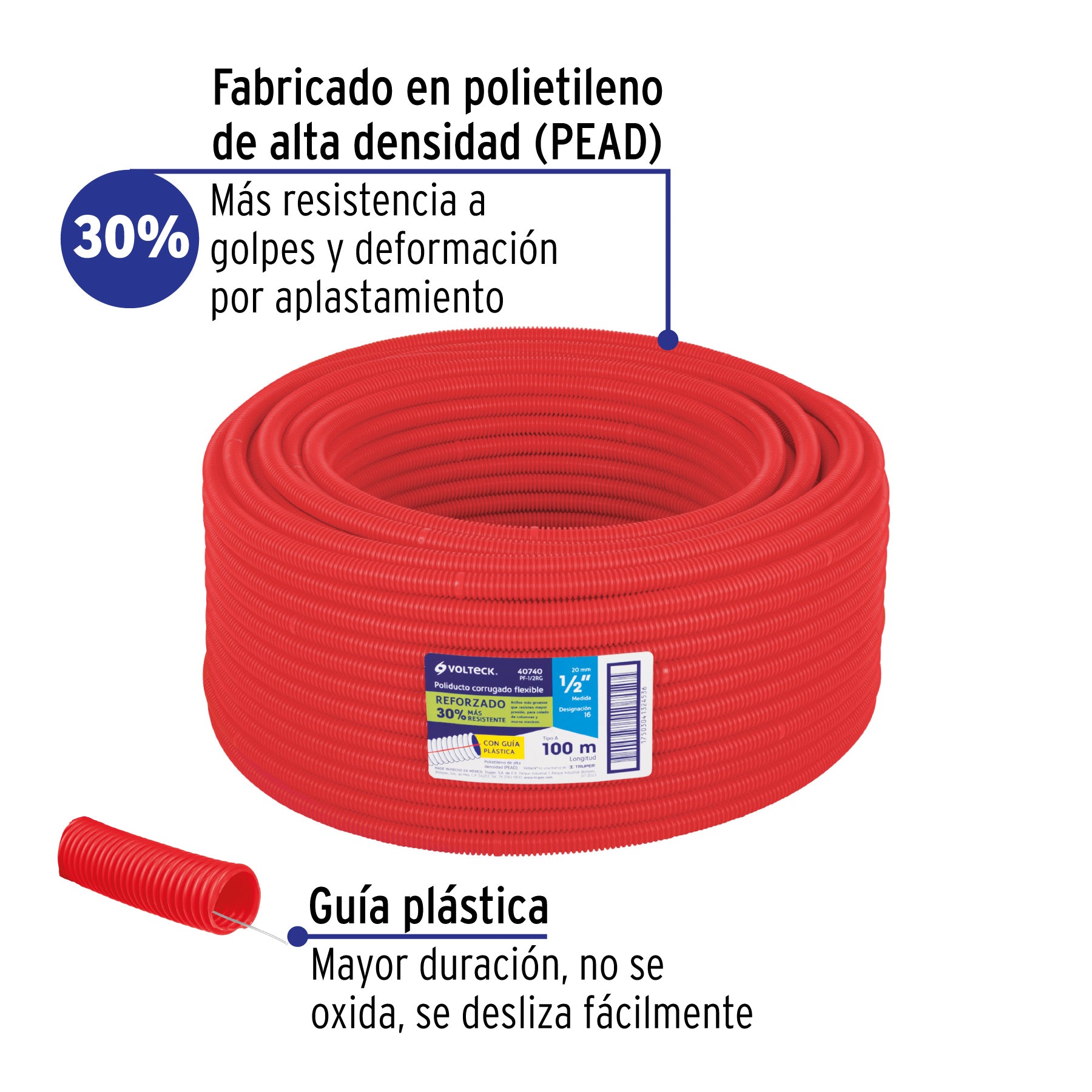 Metro de poliducto 1/2" corrugado flex. reforz. c/guía, 100m