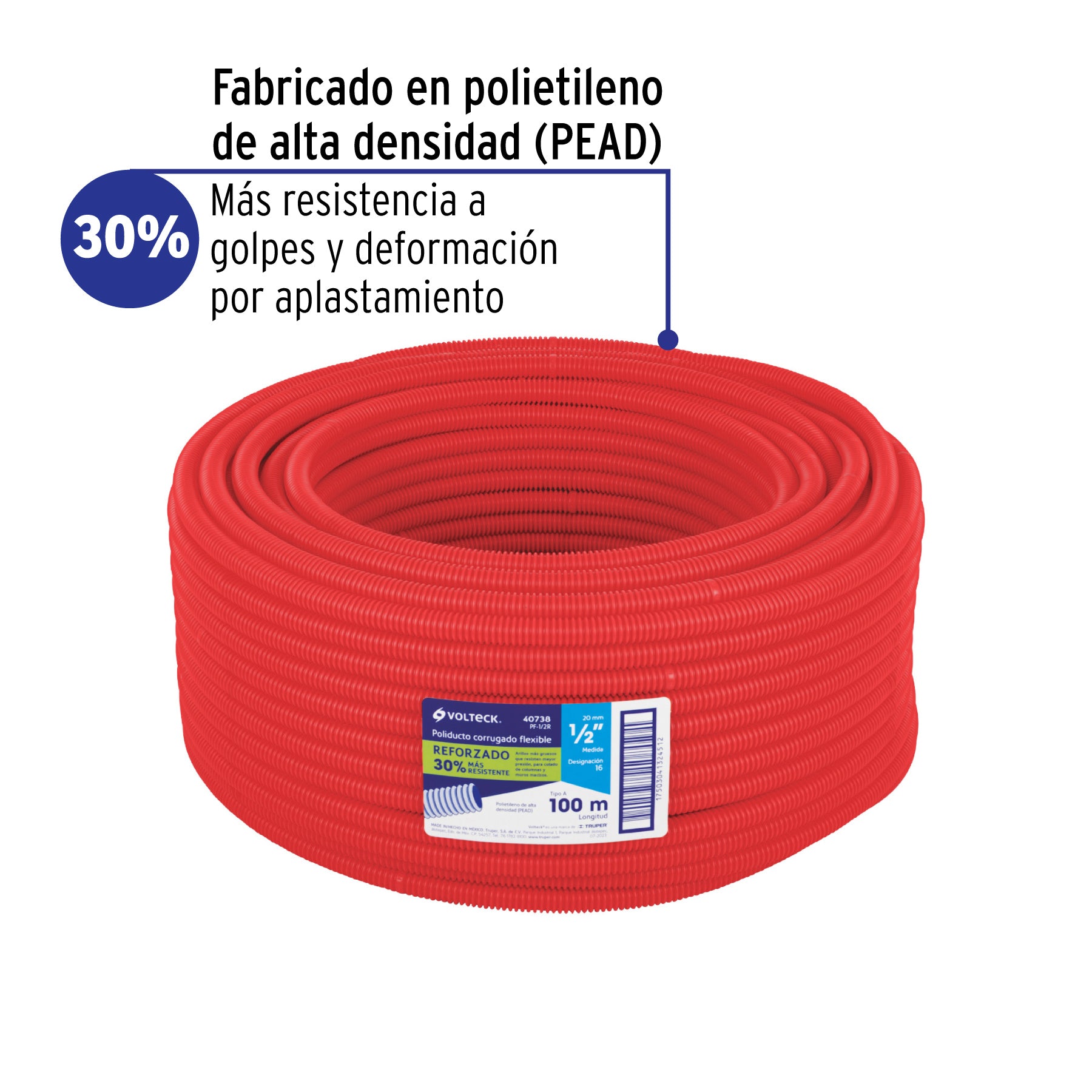 Metro de poliducto 1/2" corrugado flex. reforz. s/guía, 100m