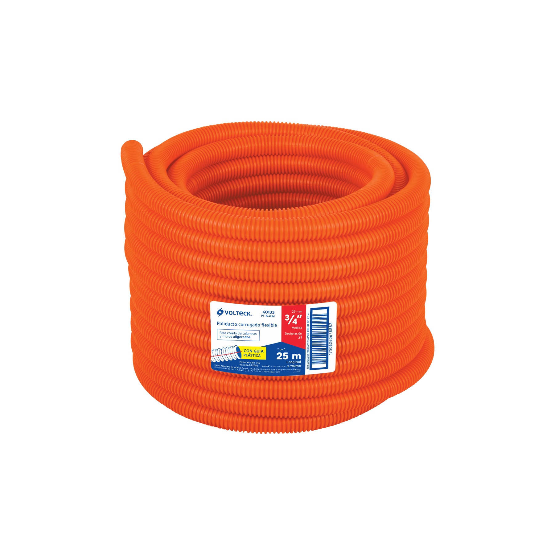 Metro de poliducto 3/4" corrugado flex. c/guía, rollo 25 m