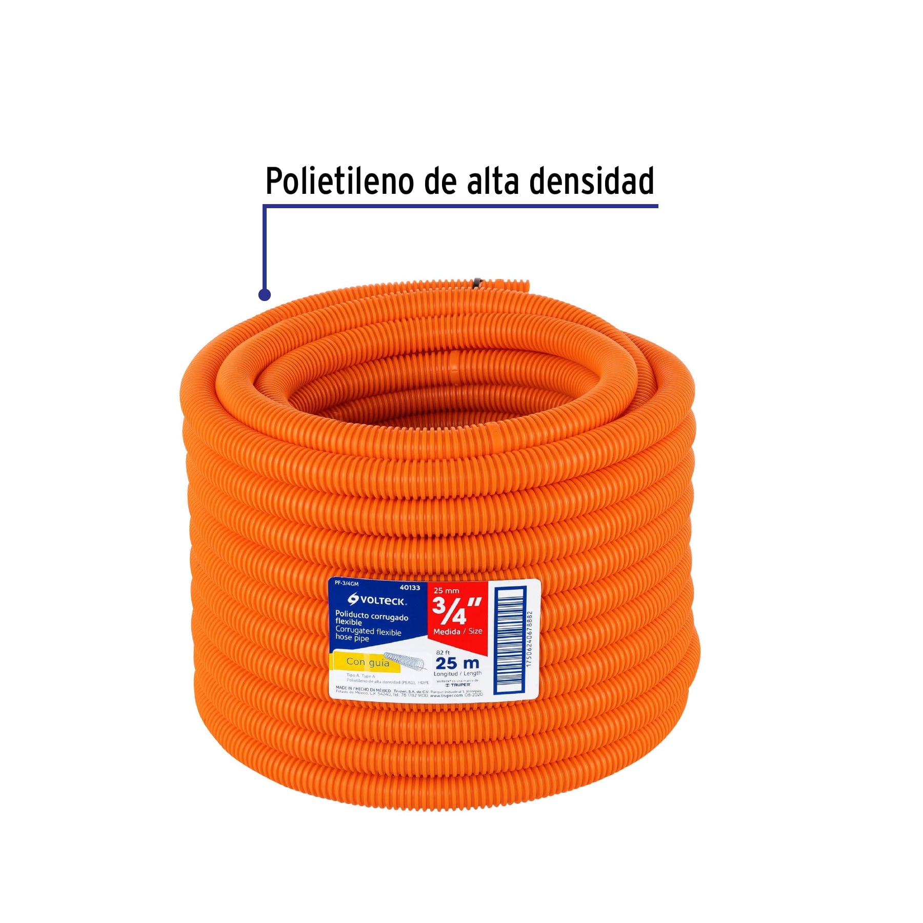 Metro de poliducto 3/4" corrugado flex. c/guía, rollo 25 m