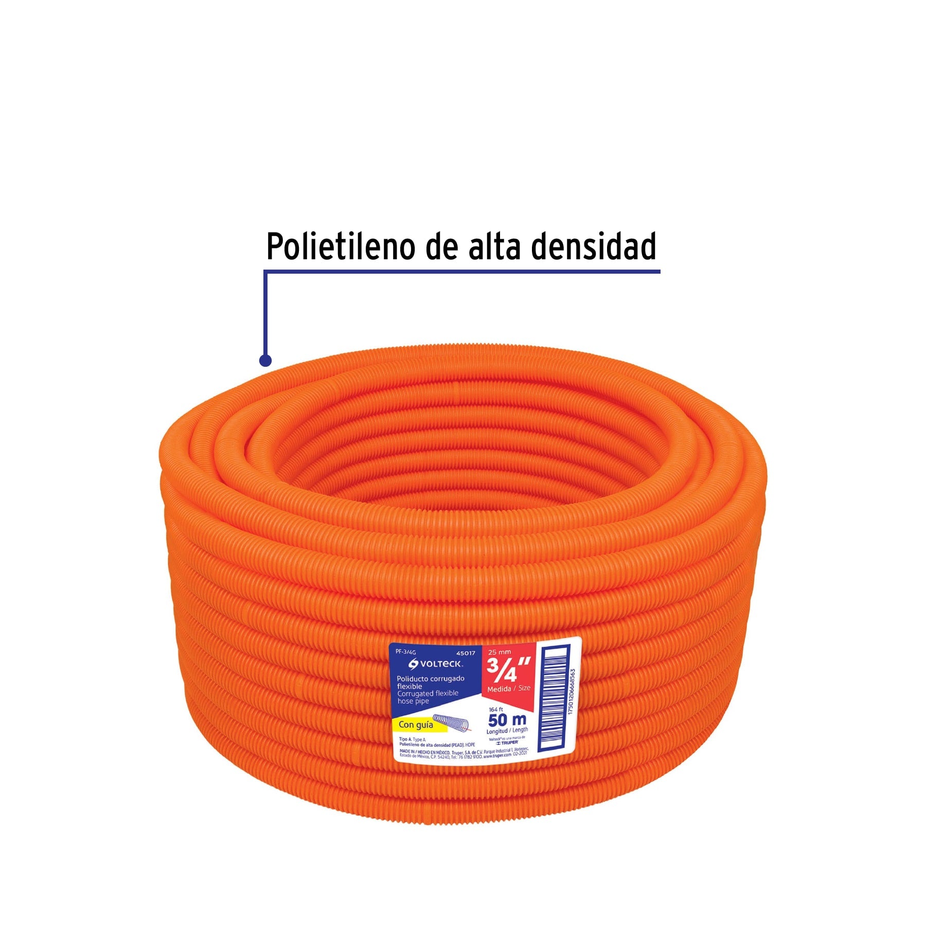 Metro de poliducto 3/4" corrugado flex. c/guía, rollo 50 m