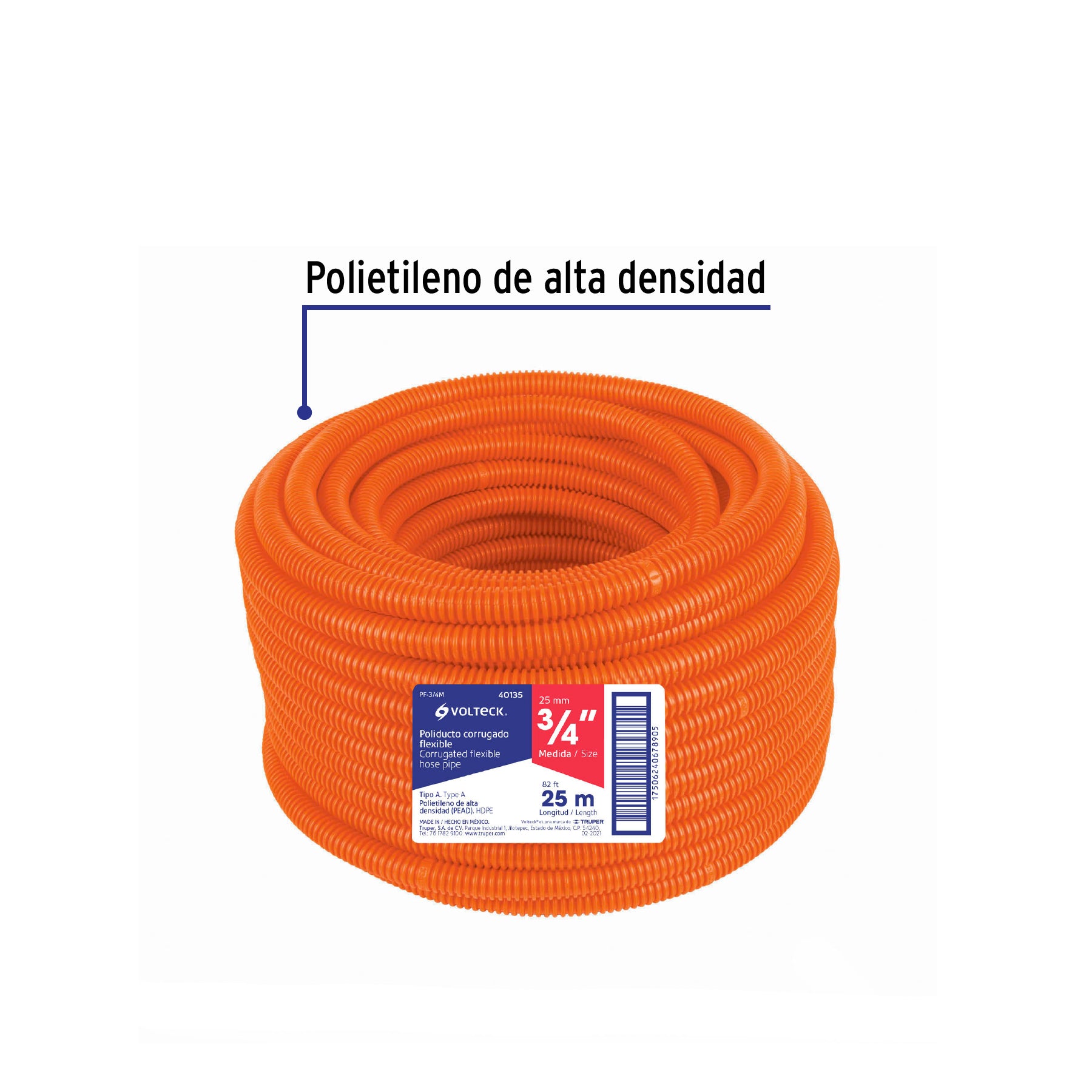 Metro de poliducto 3/4" corrugado flex. s/guía, rollo 25 m