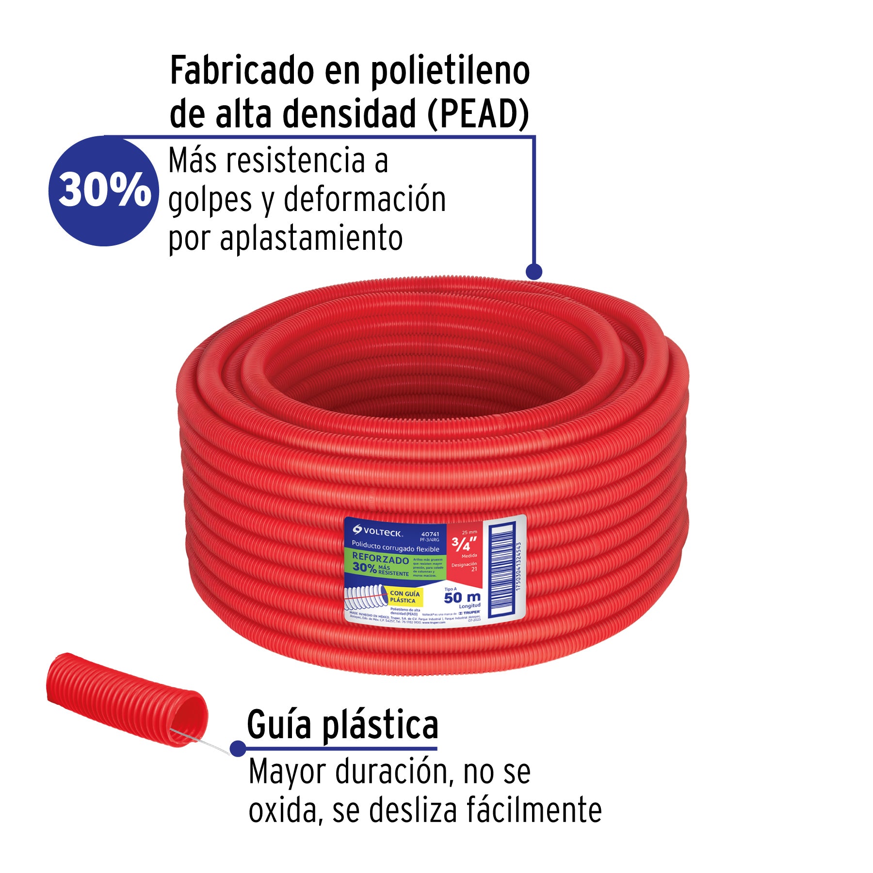 Metro de poliducto 3/4" corrugado flex. reforz. c/guía, 50m