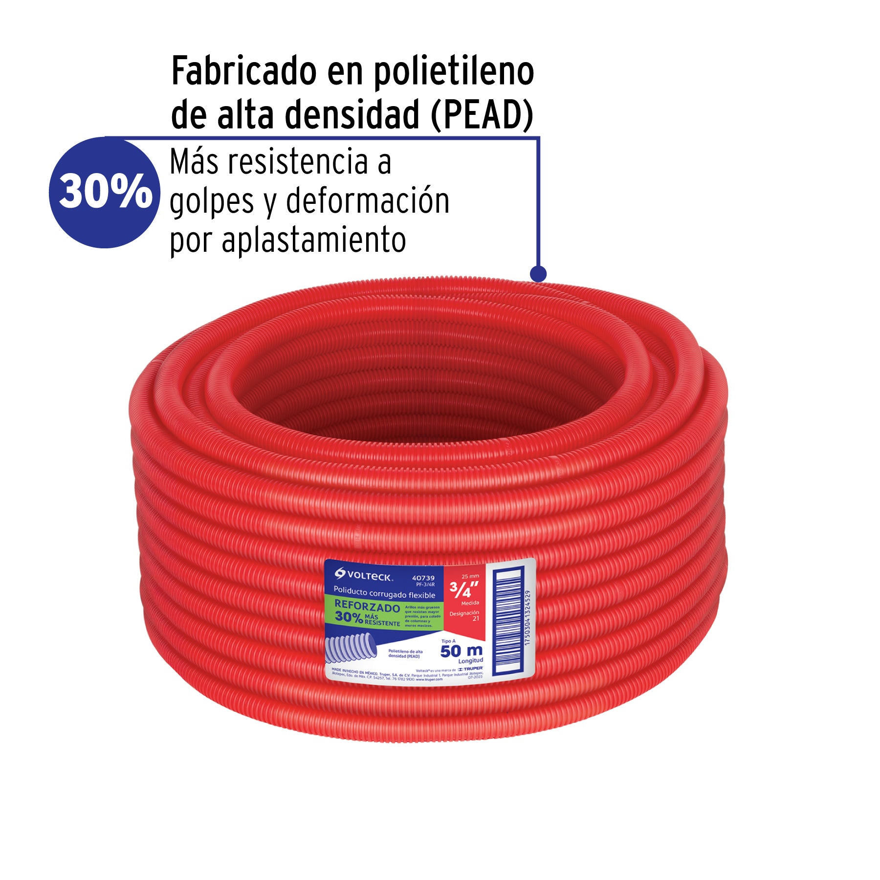 Metro de poliducto 3/4" corrugado flex. reforz. s/guía, 50m