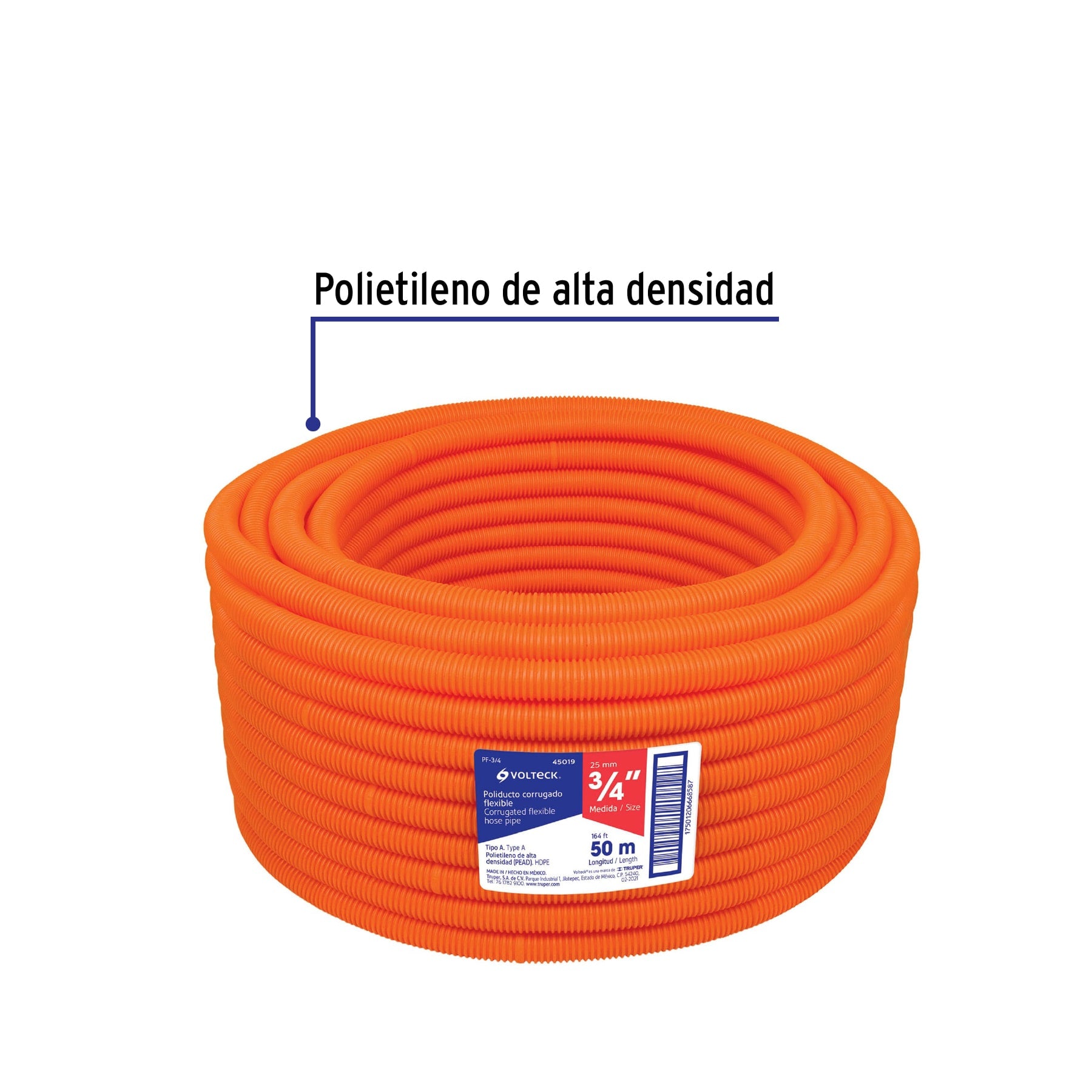 Metro de poliducto 3/4" corrugado flex. s/guía, rollo 50 m