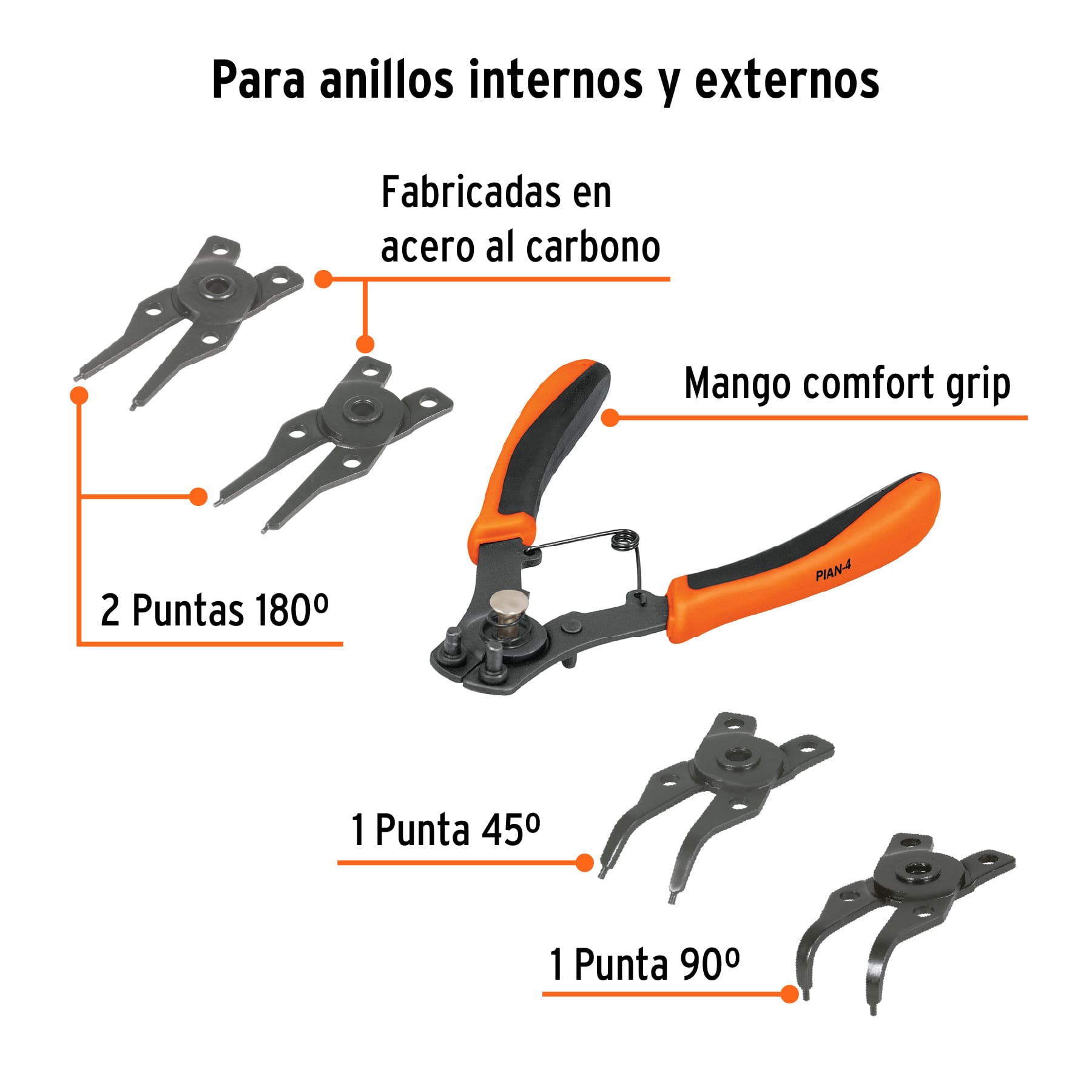 Pinza para anillos de retención 6" 4 cabezas intercambiables